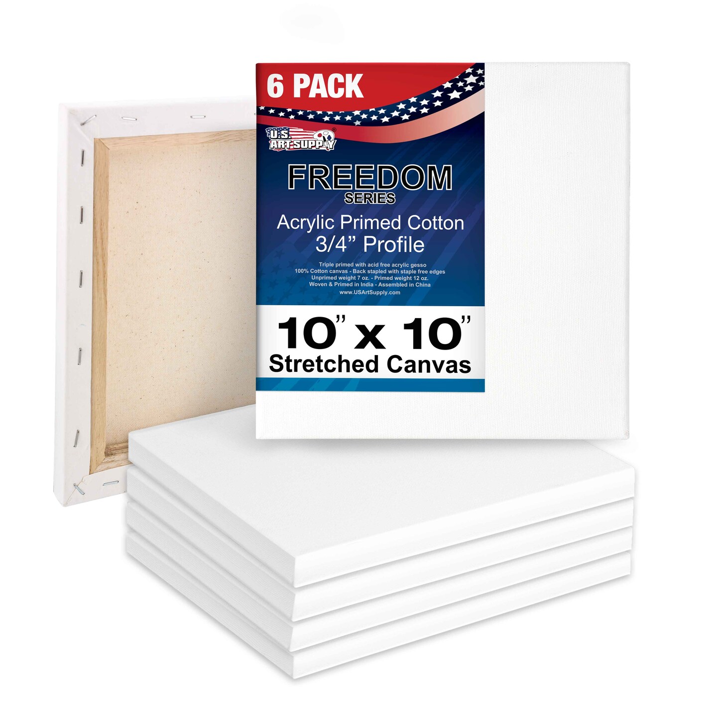 10 x 10 inch Stretched Canvas 12-Ounce Triple Primed, 6-Pack - Professional Artist Quality White Blank 3/4&#x22; Profile, 100% Cotton, Heavy-Weight Gesso