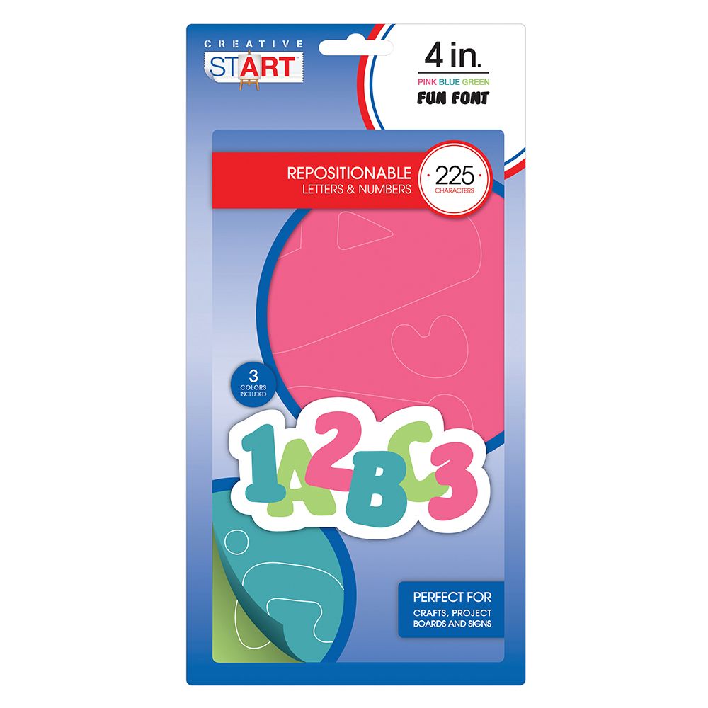 Creative Start Vinyl Repositionable Self-Adhesive Letters and Numbers, 4", Fun Font, Pink, Blue and Green, 225 count