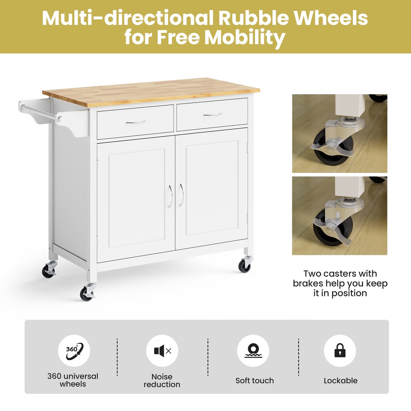 Modern Rolling Kitchen Cart Island with Wood Counter Top and 2 Lockable Wheels
