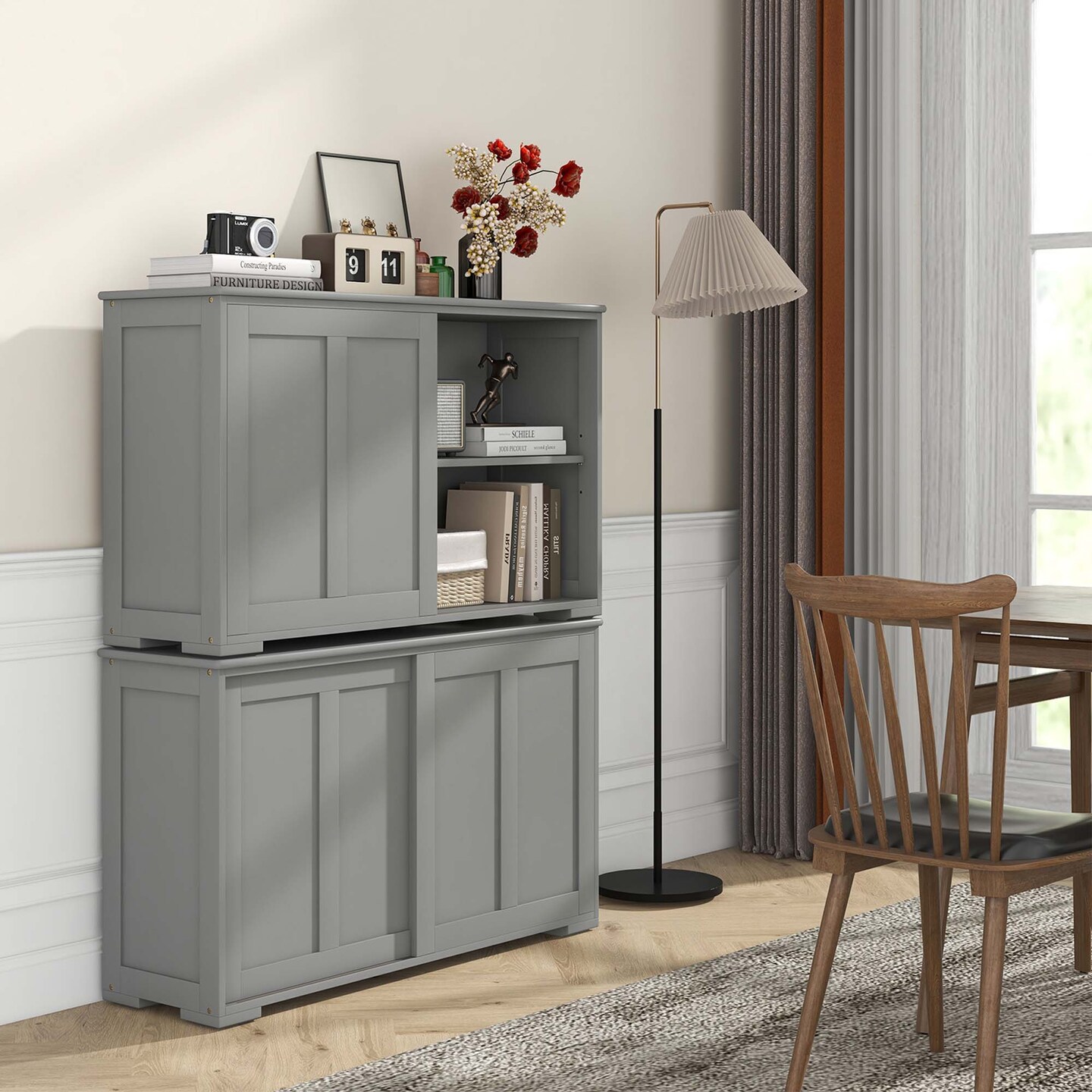 Costway Stackable Buffet Sideboard Set of 2 with Sliding Doors &#x26; Adjustable Shelf Brown/Black/Grey/Antique White