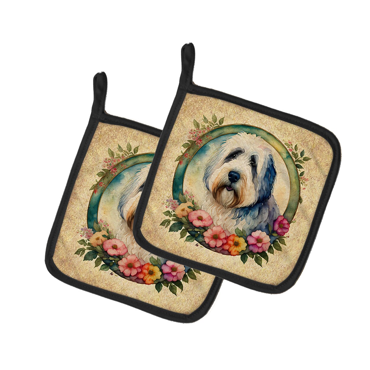 Caroline&#x27;s Treasures Old English Sheepdog and Flowers Pair of Pot Holders