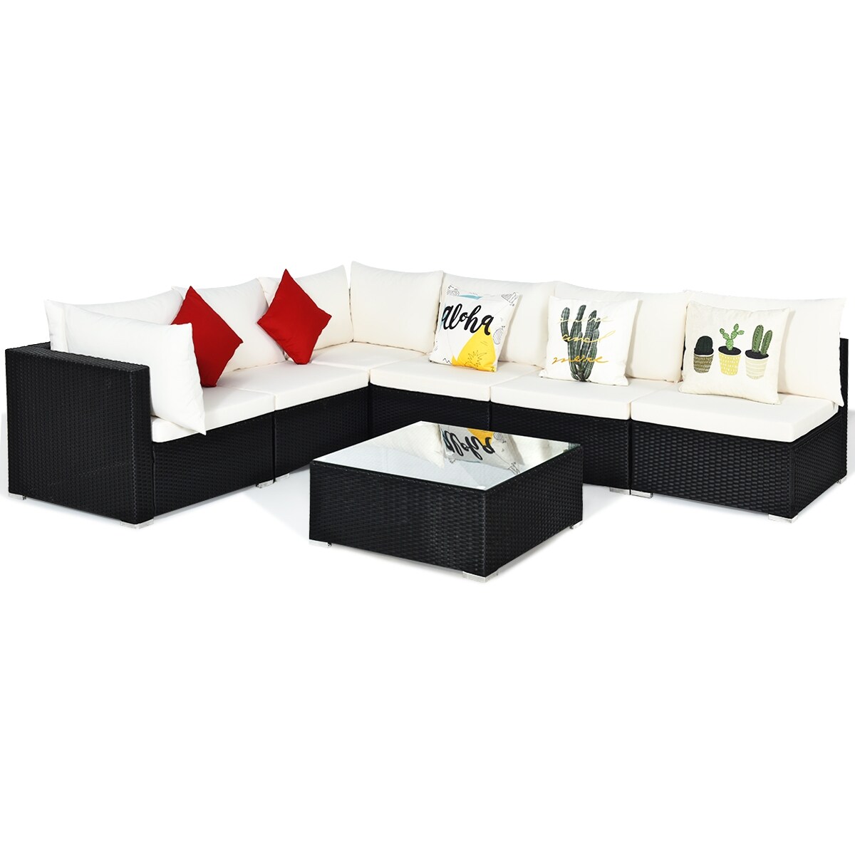 7 Pieces Sectional Wicker Furniture Sofa Set With Tempered Glass Top