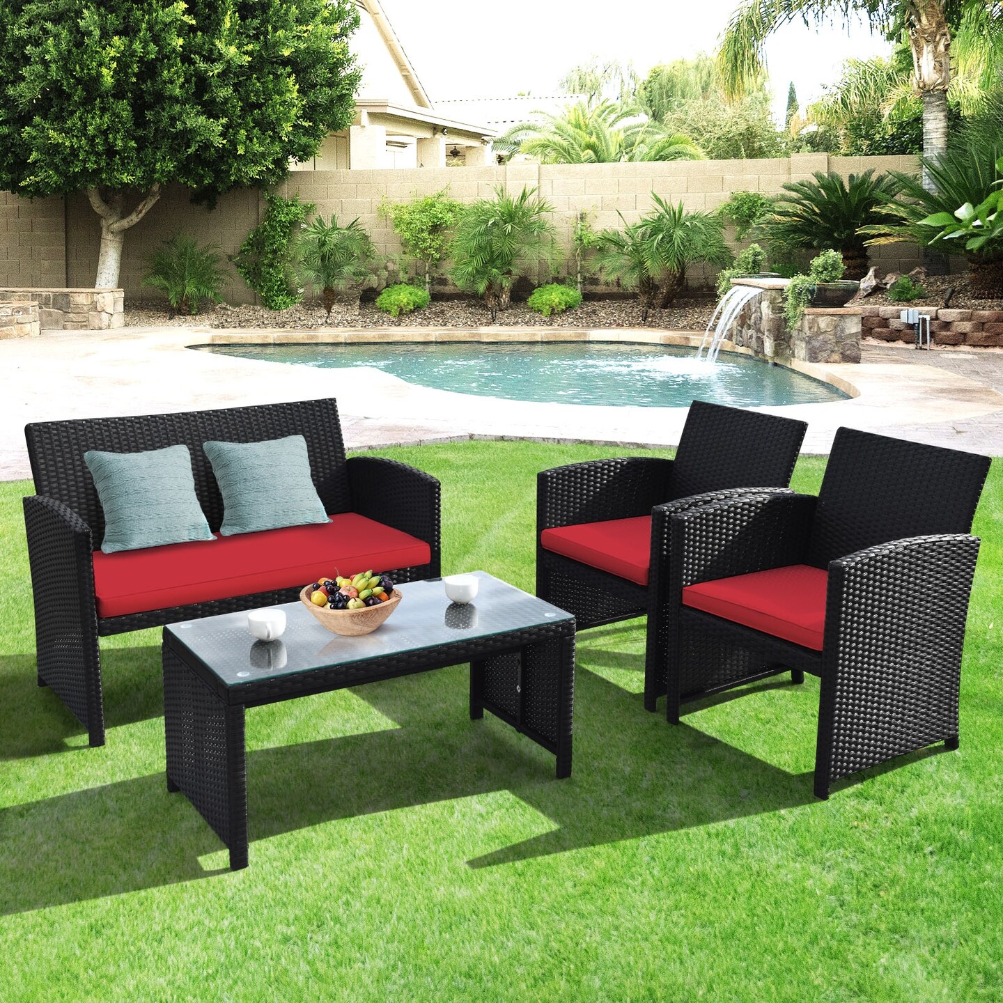4 Pcs Wicker Conversation Furniture Set Patio Sofa and Table Set