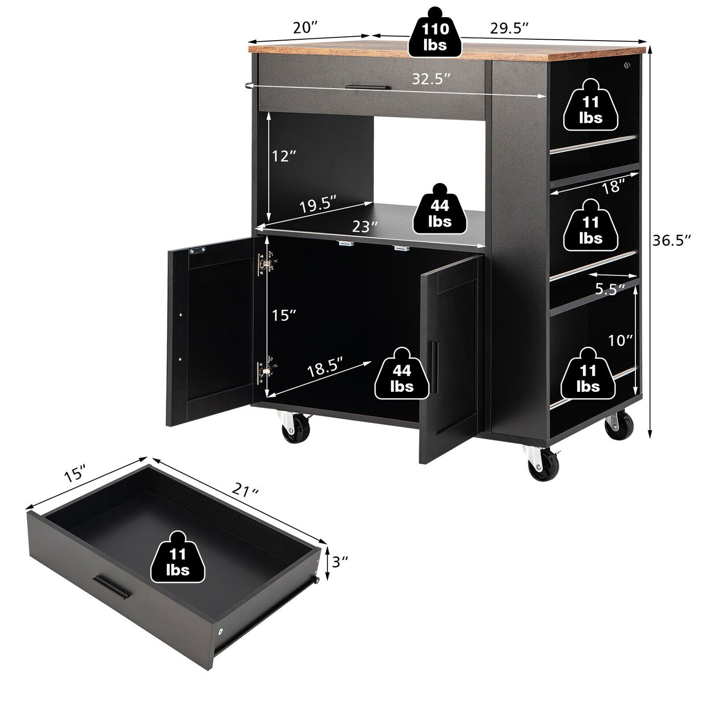 Kitchen Island Cart Rolling Storage Cabinet with Drawer and Spice Rack Shelf