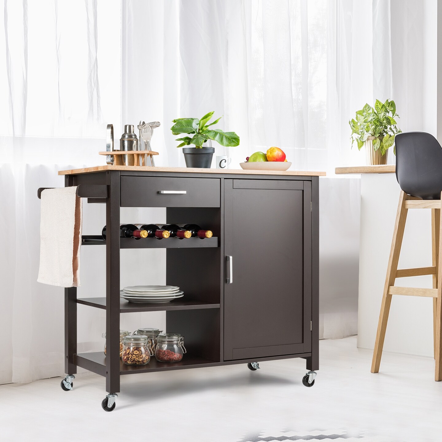 Kitchen Island Cart Rolling Serving Cart Wood Trolley with Adjustable Shelf