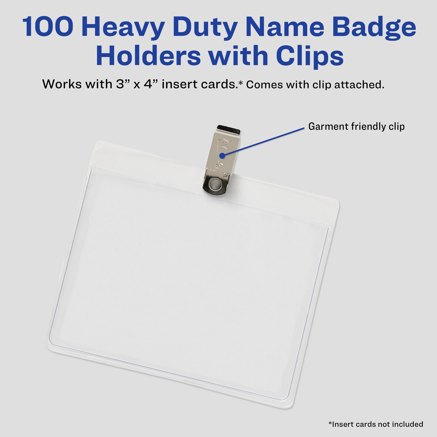 Avery Heavy Duty Badge Holders, 3" x 4", 100 Horizontal ID Badge Holders with Clips (2923)