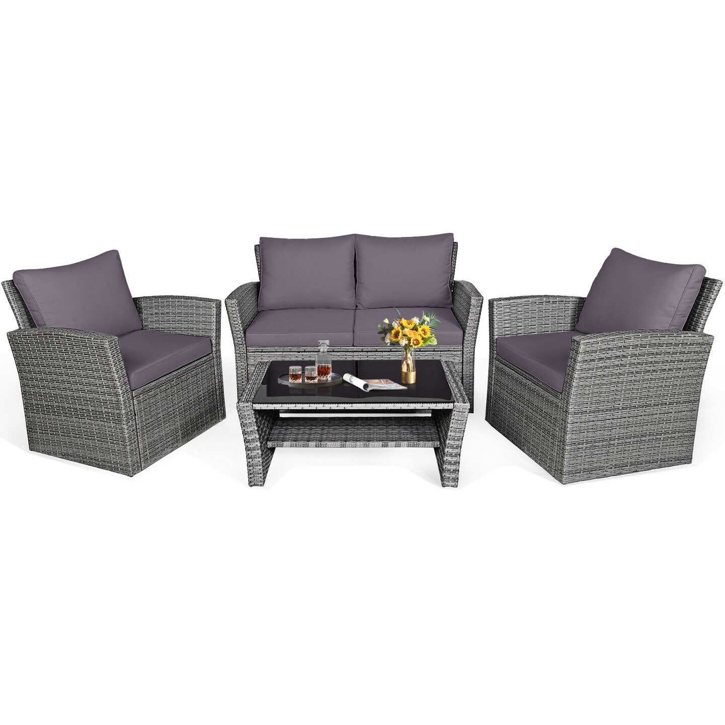 4 Pieces Patio Rattan Furniture Set Sofa Table with Storage Shelf Cushion