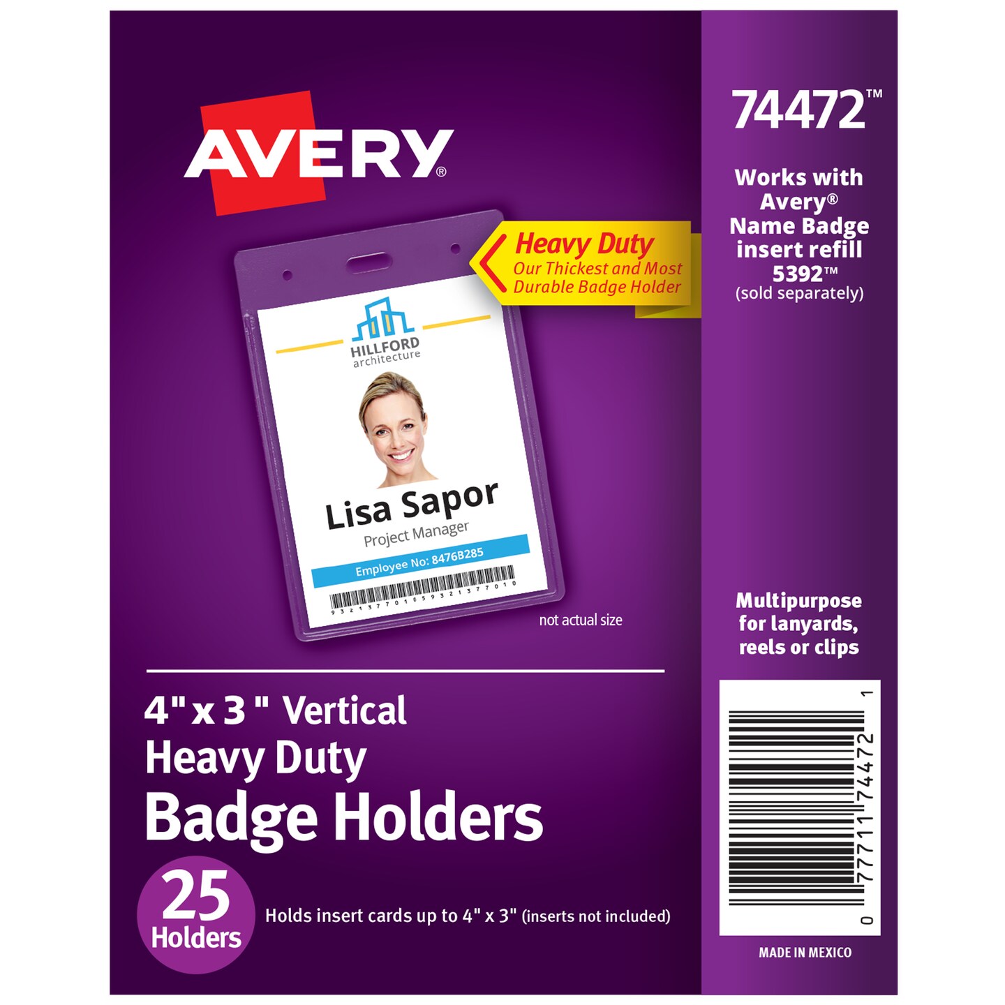 Avery Heavy Duty Badge Holders, 4&#x22; x 3&#x22;, 25 Vertical ID Badge Holders (74472)