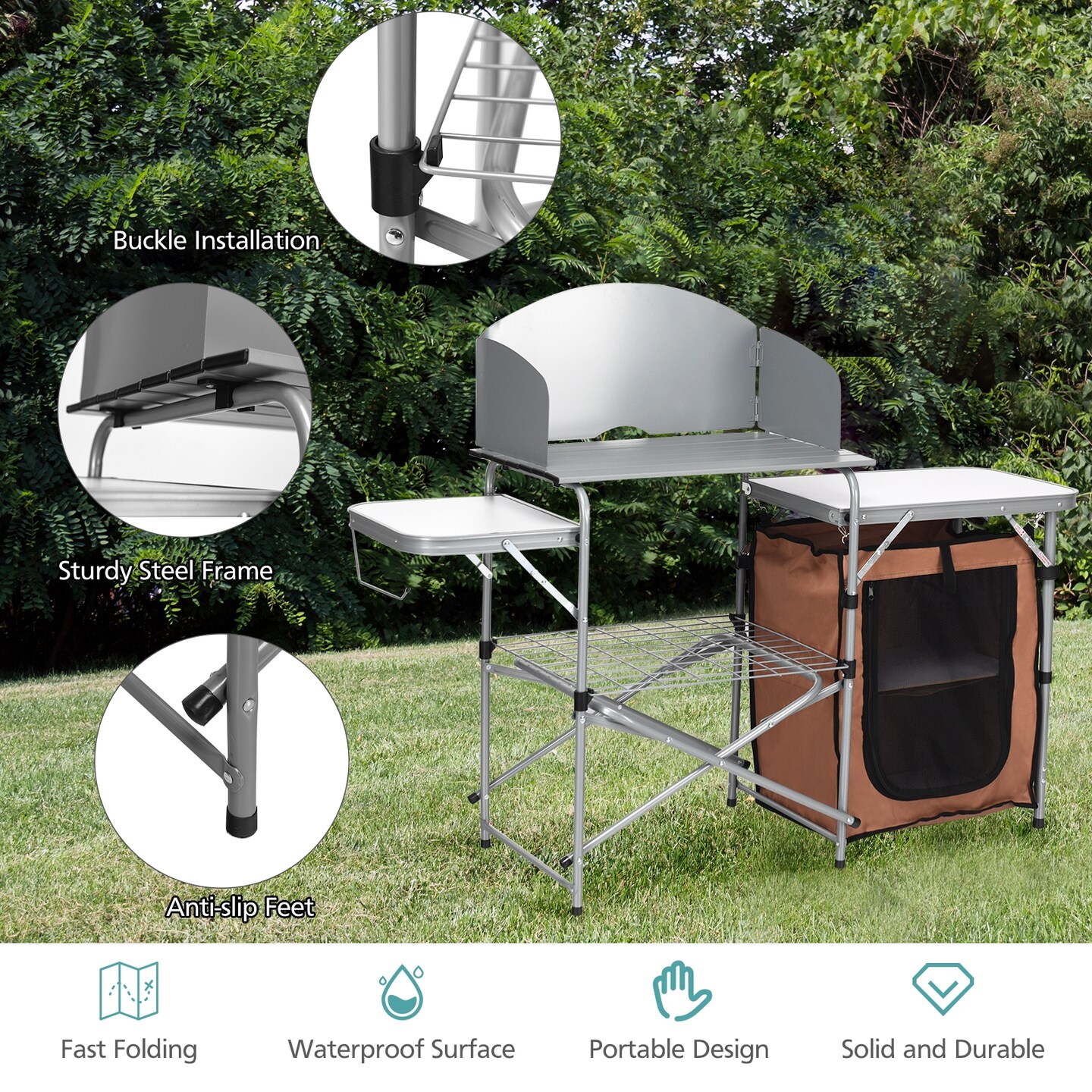 Fold-able Outdoor BBQ Portable Grilling Table With Windscreen Bag