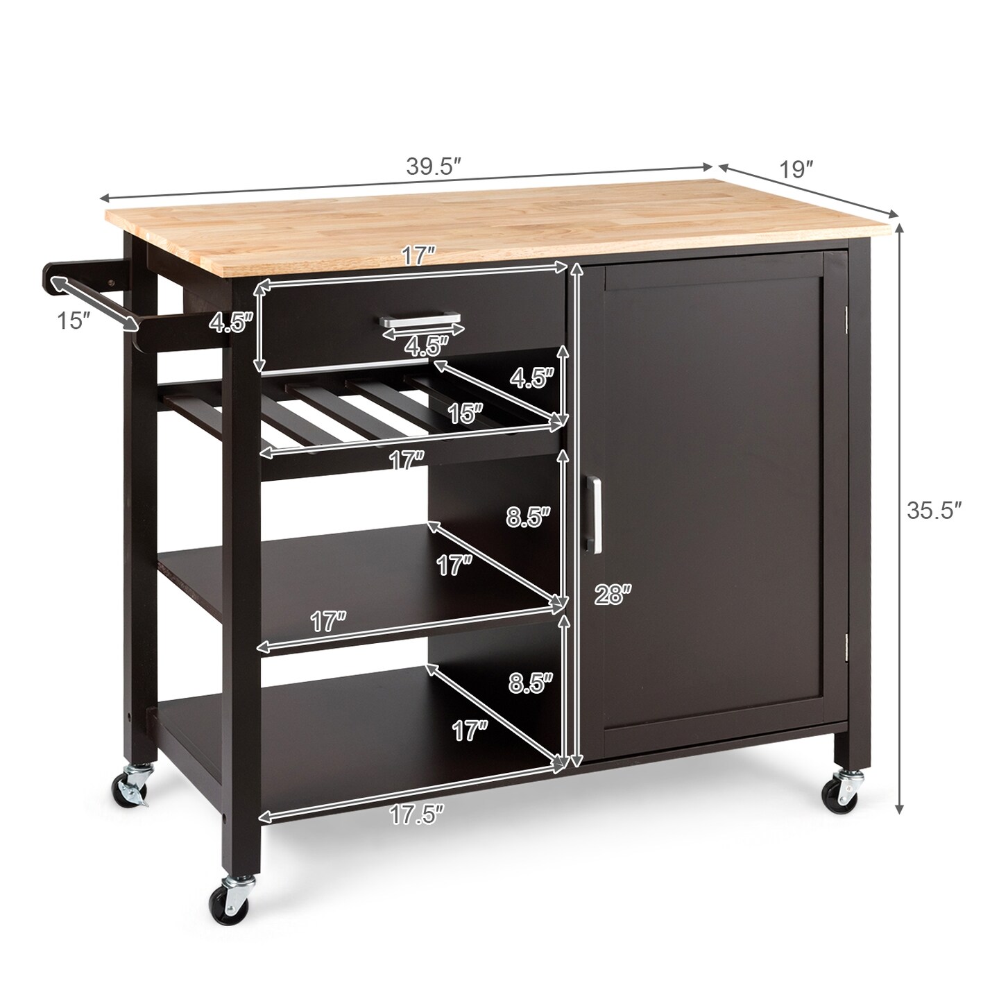 Kitchen Island Cart Rolling Serving Cart Wood Trolley with Adjustable Shelf