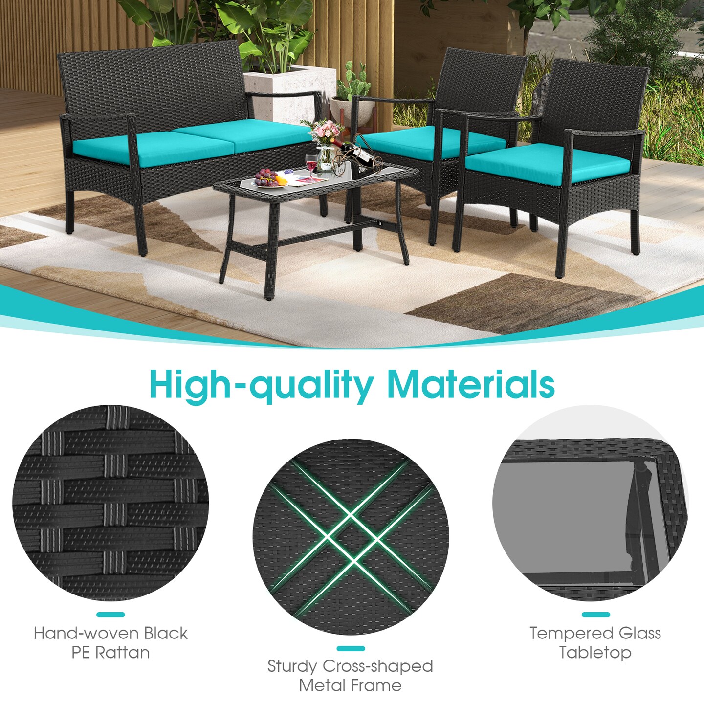 4 Pieces Outdoor Rattan Conversation Set with Tempered Glass Coffee Table