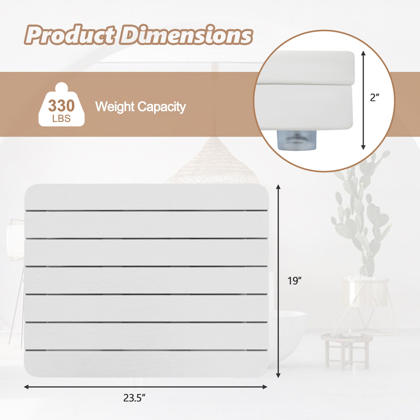 Costway 23.5" x 19" Bath Mat HIPS Spa Shower Mat for Bathroom with Non Slip Foot Pads Brown/White
