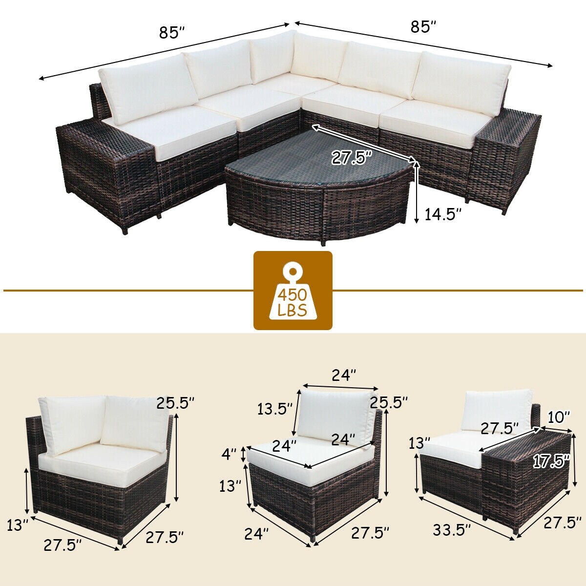 6 Pieces Rattan Furniture Cushioned Sofa Set