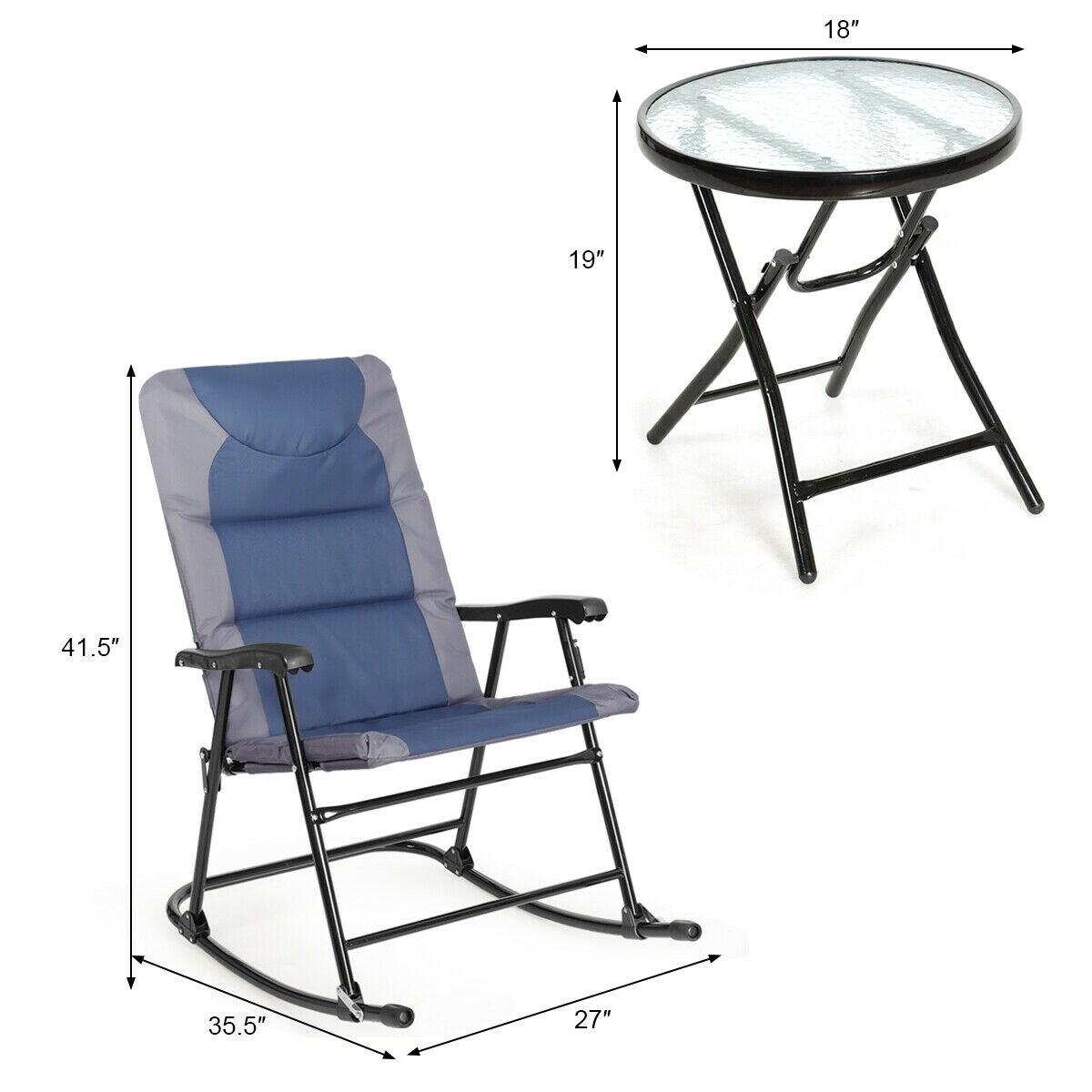 3 Pcs Outdoor Folding Rocking Chair Table Set with Cushion