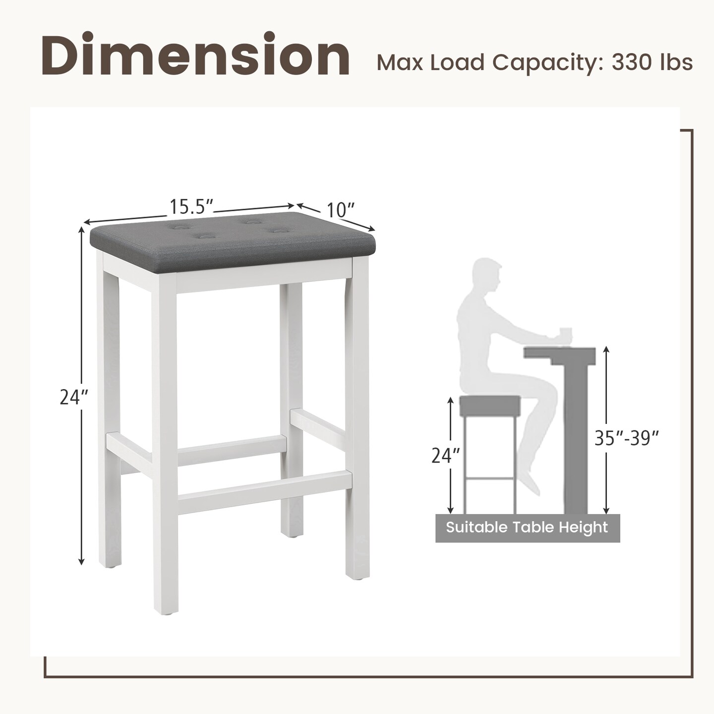 24&#x22; Bar Stools With Padded Seat Footrest And Rubber Wood Frame