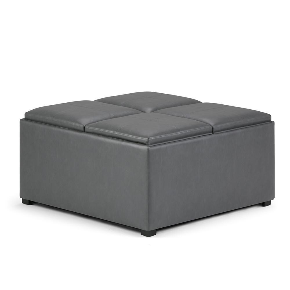 Simpli Home Avalon 35&#x22;Modern Square Coffee Table Storage Ottoman Faux Leather