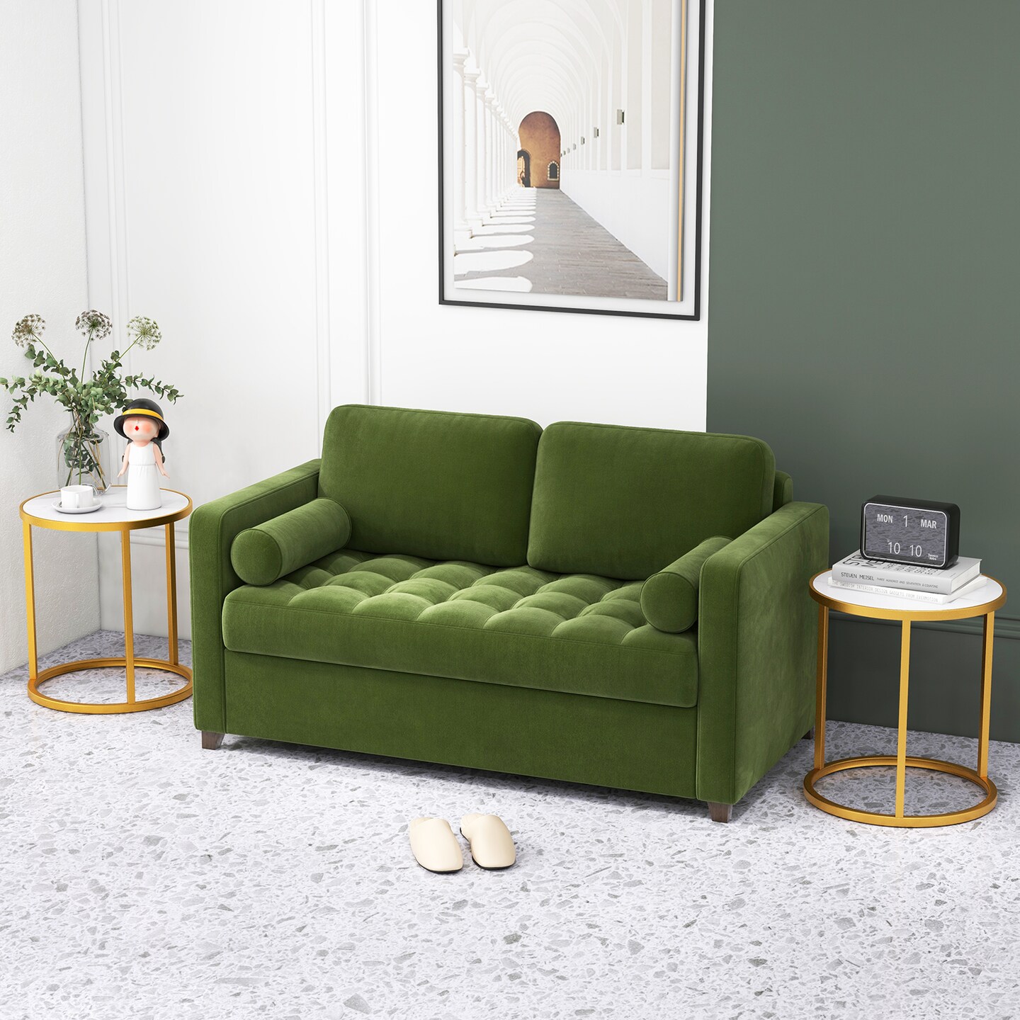 Marble Top Round Side Table 16-inch End Table With Golden Metal Frame-2 Pieces