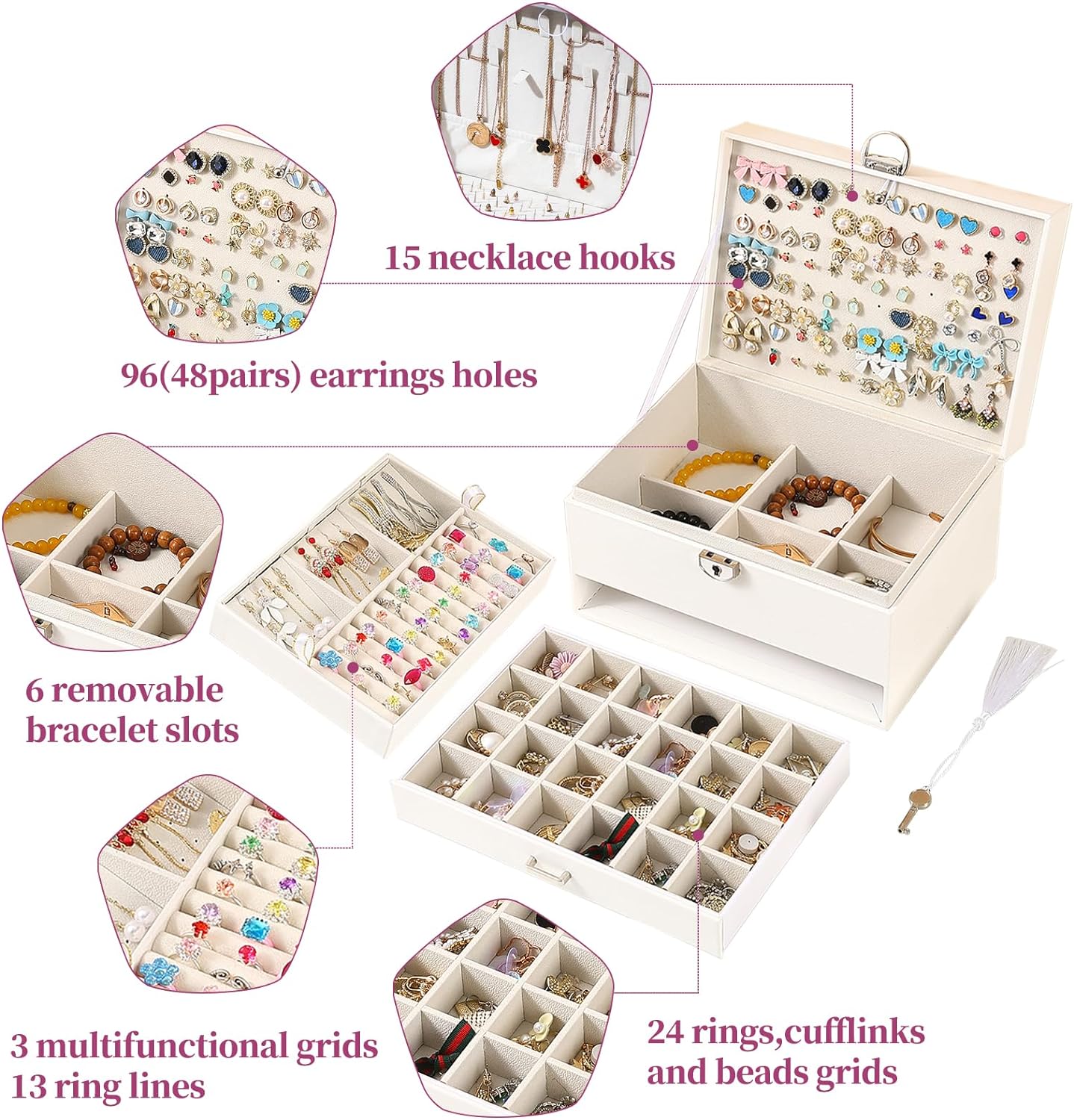 5-Layer Earring Jewelry Box with Lock – Stud, Necklace, Ring Organizer for Women and Girls