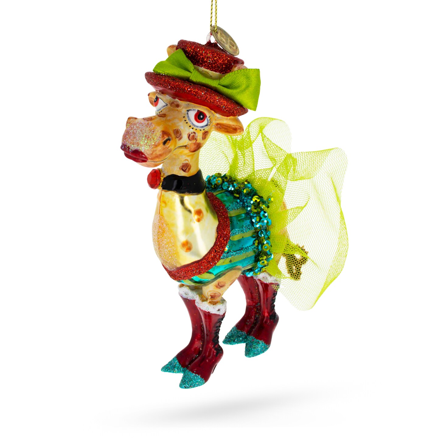 Giraffe in Costume Blown Glass Christmas Ornament