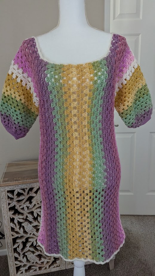 product name is Made to Order - Pastel Rainbow Crochet Dress