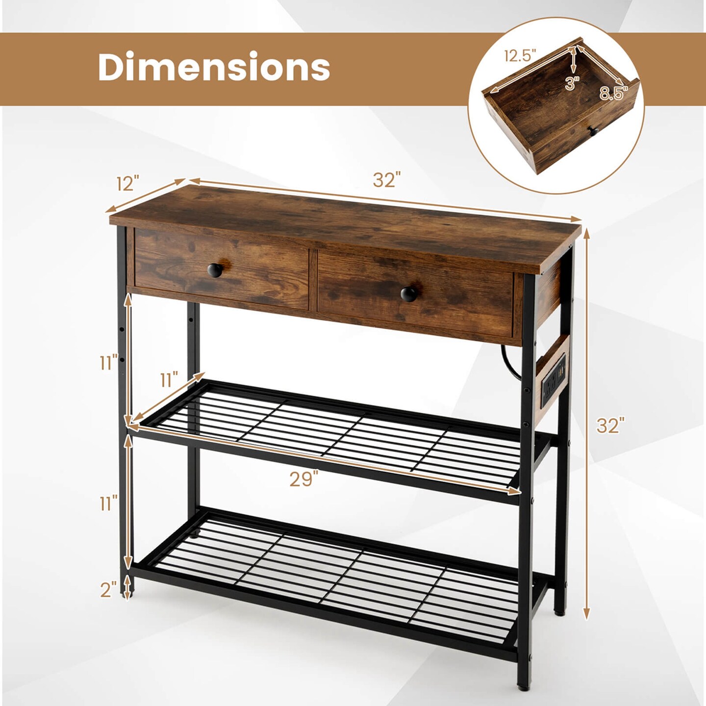Costway Entryway Table with Charging Station Narrow Console Table with 2 Drawers Brown/Oak