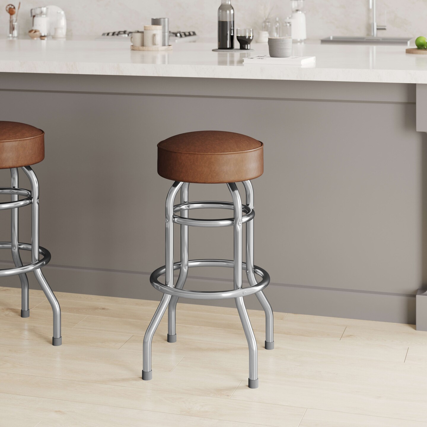 Emma and Oliver Retro Backless Double Ring Chrome Restaurant Dining Barstool
