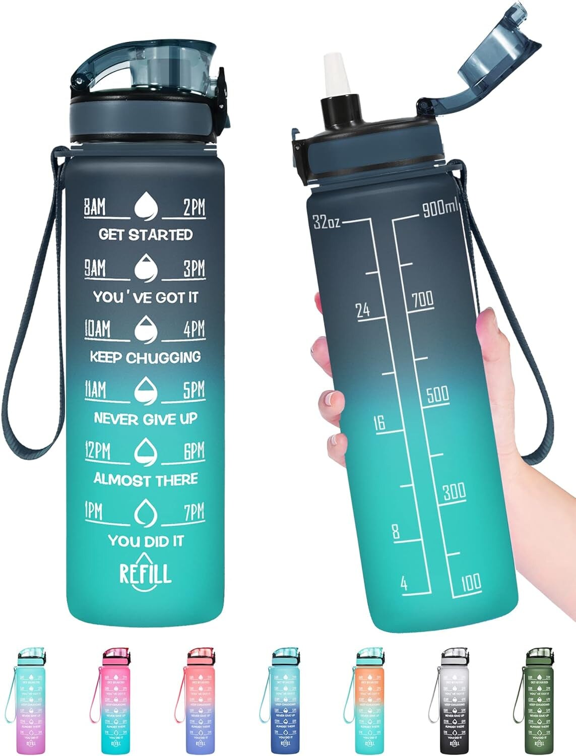 32 Oz Water Bottle, Leakproof BPA &#x26; Toxic Free, Motivational Water Bottle with Times to Drink and Straw, Fitness Sports Water Bottle with Strap for Office, Gym, Outdoor Sports, Gray-Black