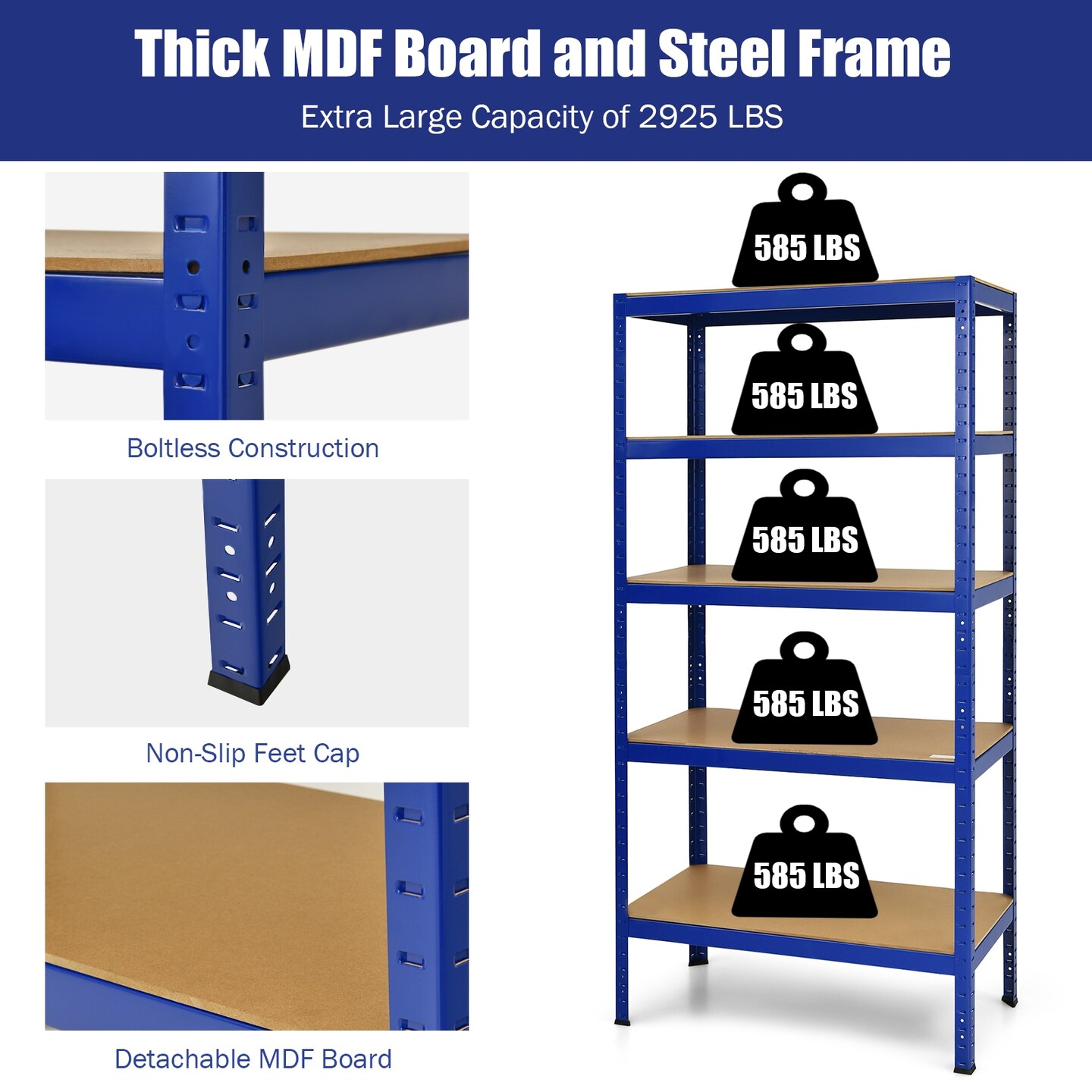 5 Tier Garage Storage Shelf Heavy Duty Steel Rack with Adjustable MDF Shelves for Home and Shop