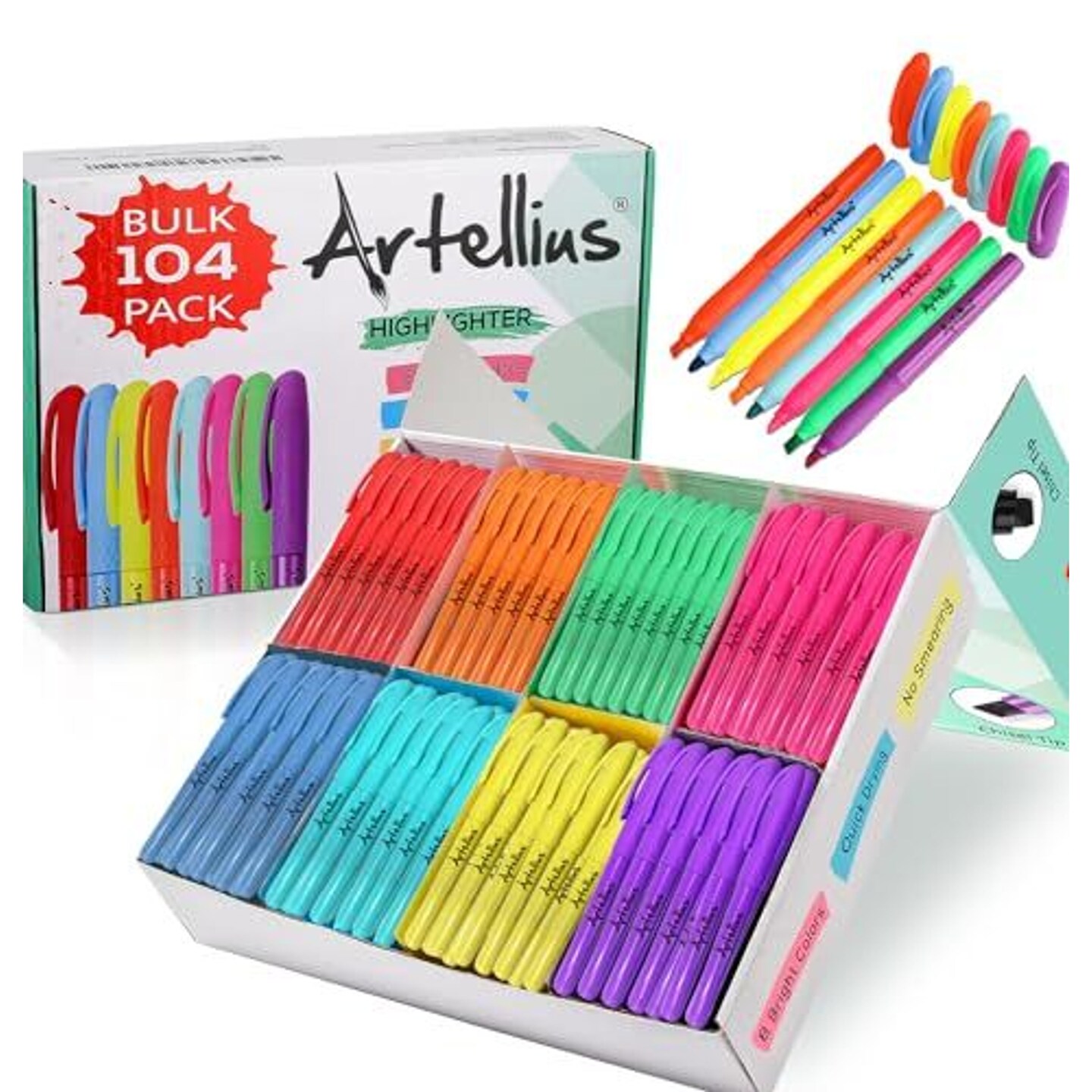 Vibrant 104 Pack Highlighters Assorted Colors Bulk Set (8 Bright Colors) - Quick-Dry | Neon &#x26; Pastel Chisel Tip Highlighters Set for Underlining | Perfect for Classroom, Office, Home
