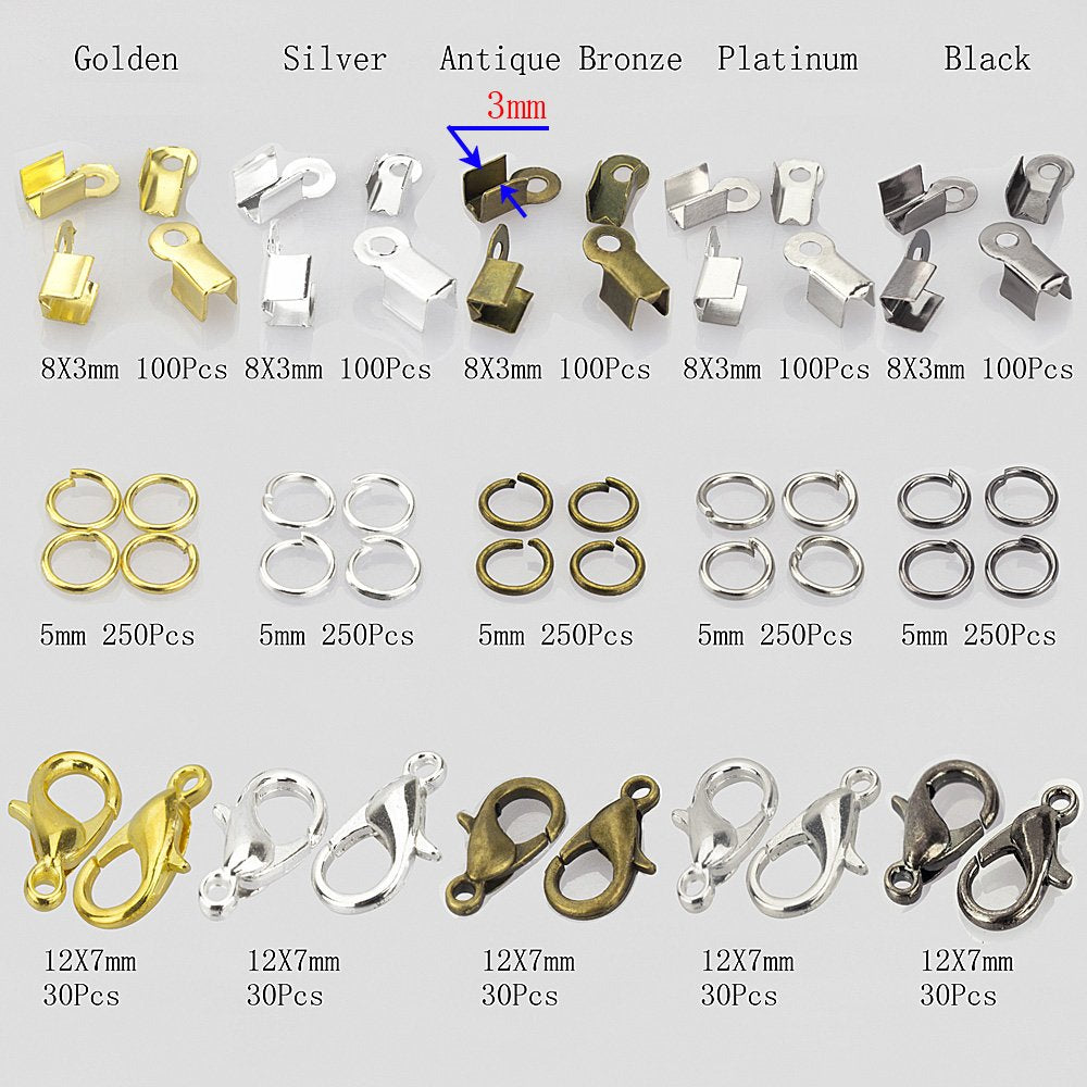 1900 Pieces Kit with 5 colors 150 Pcs Lobster Claw Clasps 12mm and 1250 Pcs Open Jump Rings 5mm and 500 Pcs Iron Fold Over Cord Ends for Leather 3mm for Jewelry Making Findings