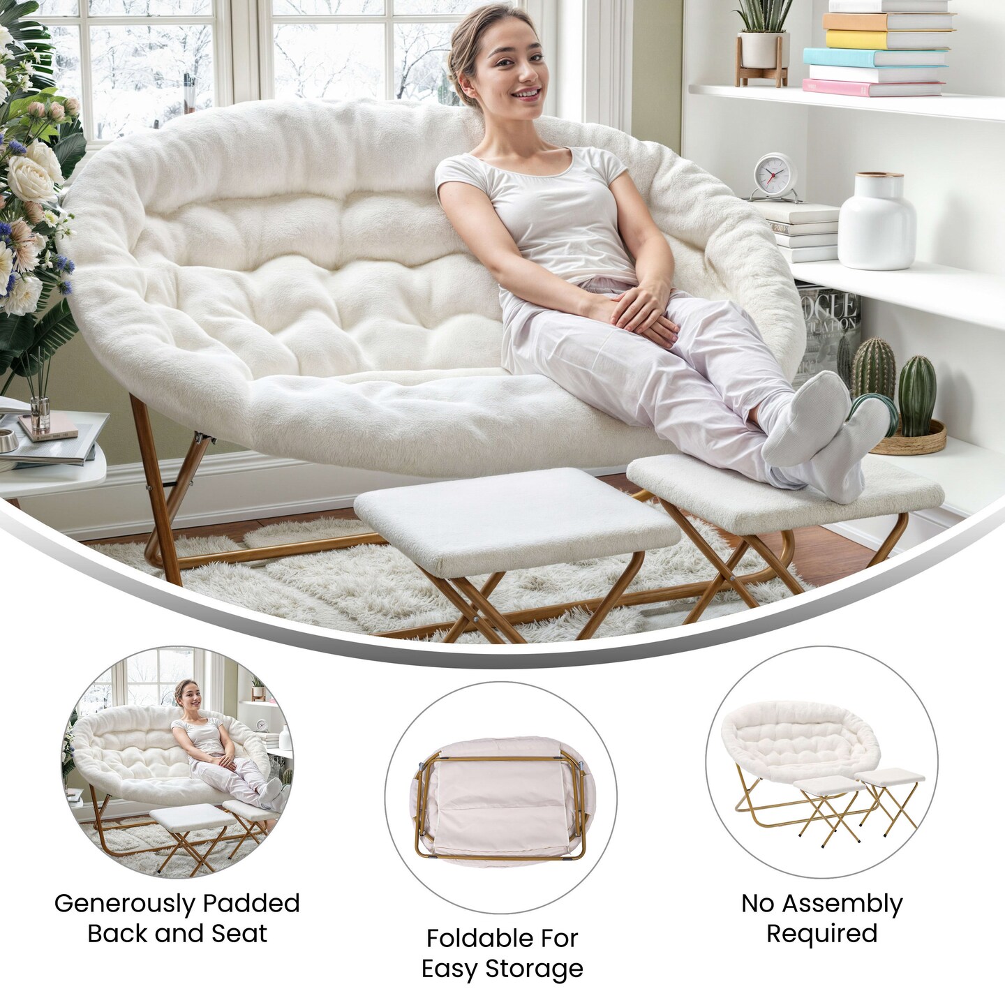 Emma and Oliver Janey Folding Double Saucer Chair with 2 Ottomans and Steel Frame for Dorm or Bedroom