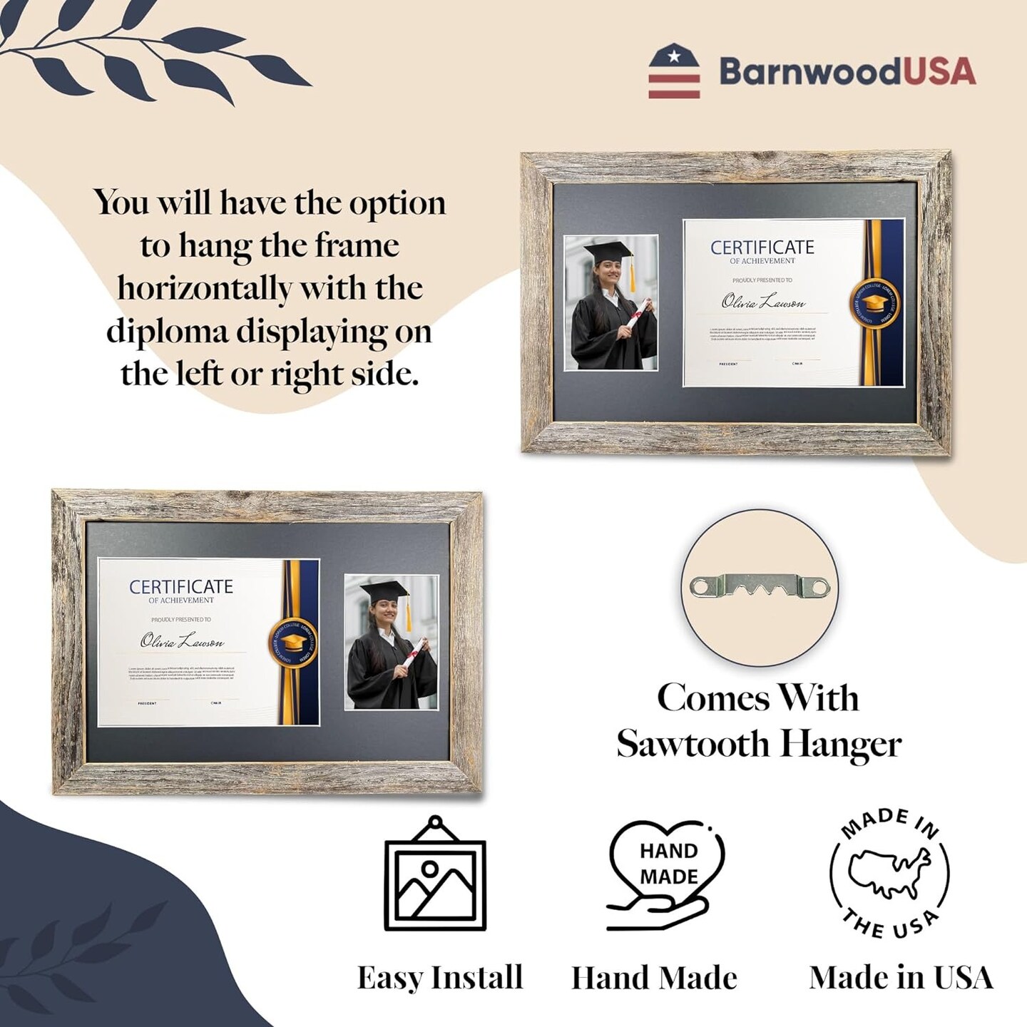 Rustic Farmhouse 12 x 18 Graduation Diploma Frame with Mat, fitted for 5 x 7 Cap &#x26; Grown Photo and 8.5 x 11 Diploma Certificate Display