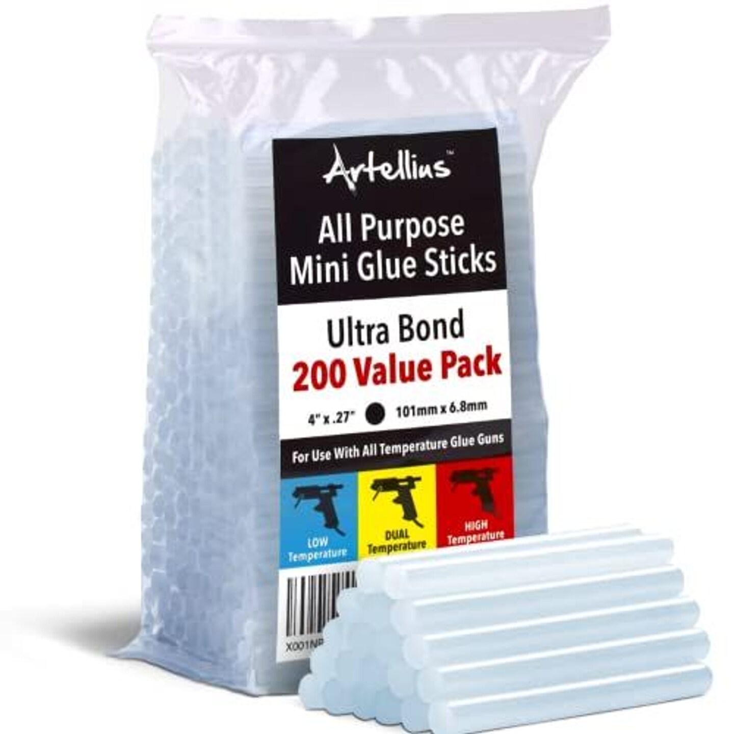 Artellius Mini Hot Glue Sticks 4&#x22; and 0.27 Diameter - Compatible with Most Glue Guns (HUGE BULK PACK OF 200)