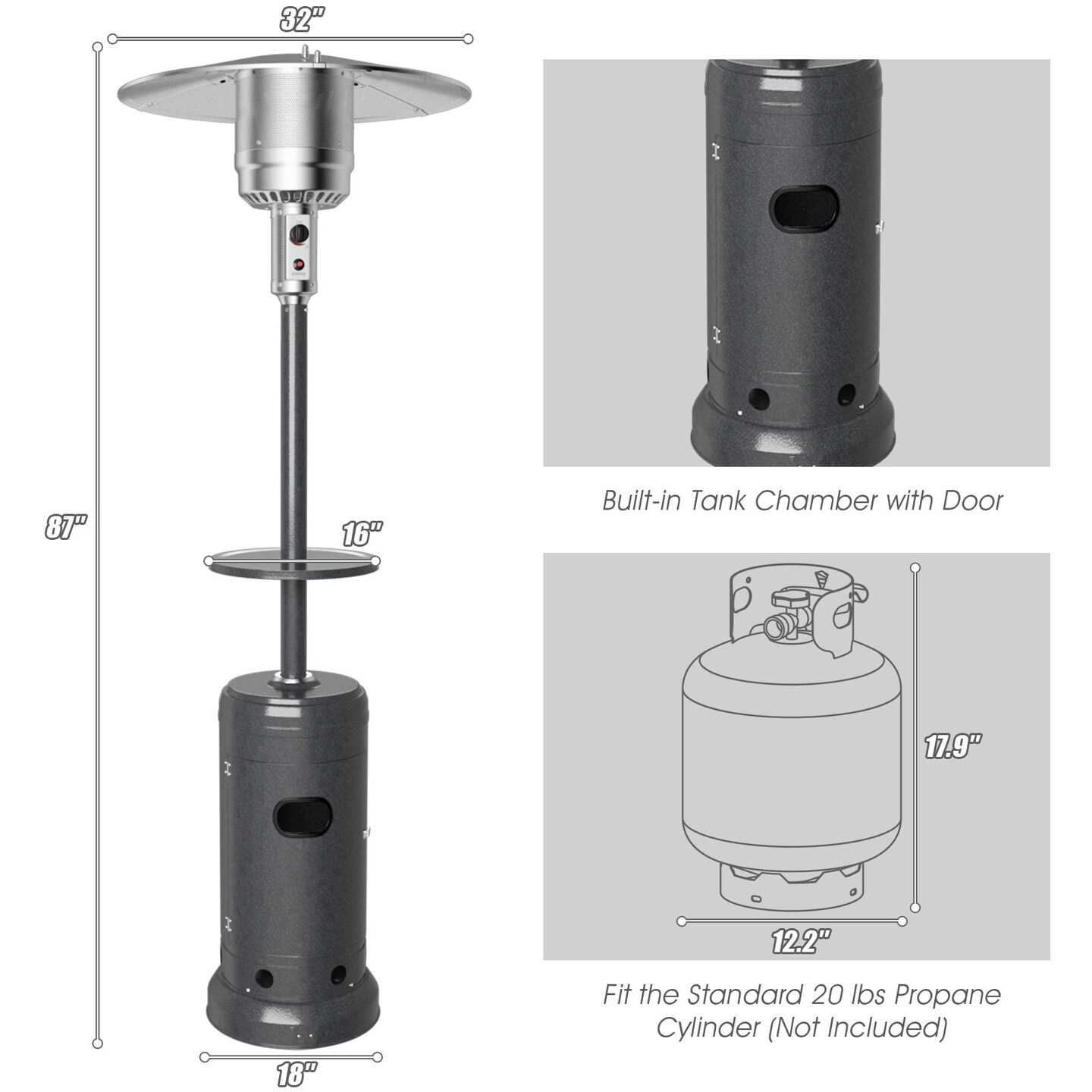 Outdoor Heater Propane Standing LP Gas Steel with Table &#x26; Wheels
