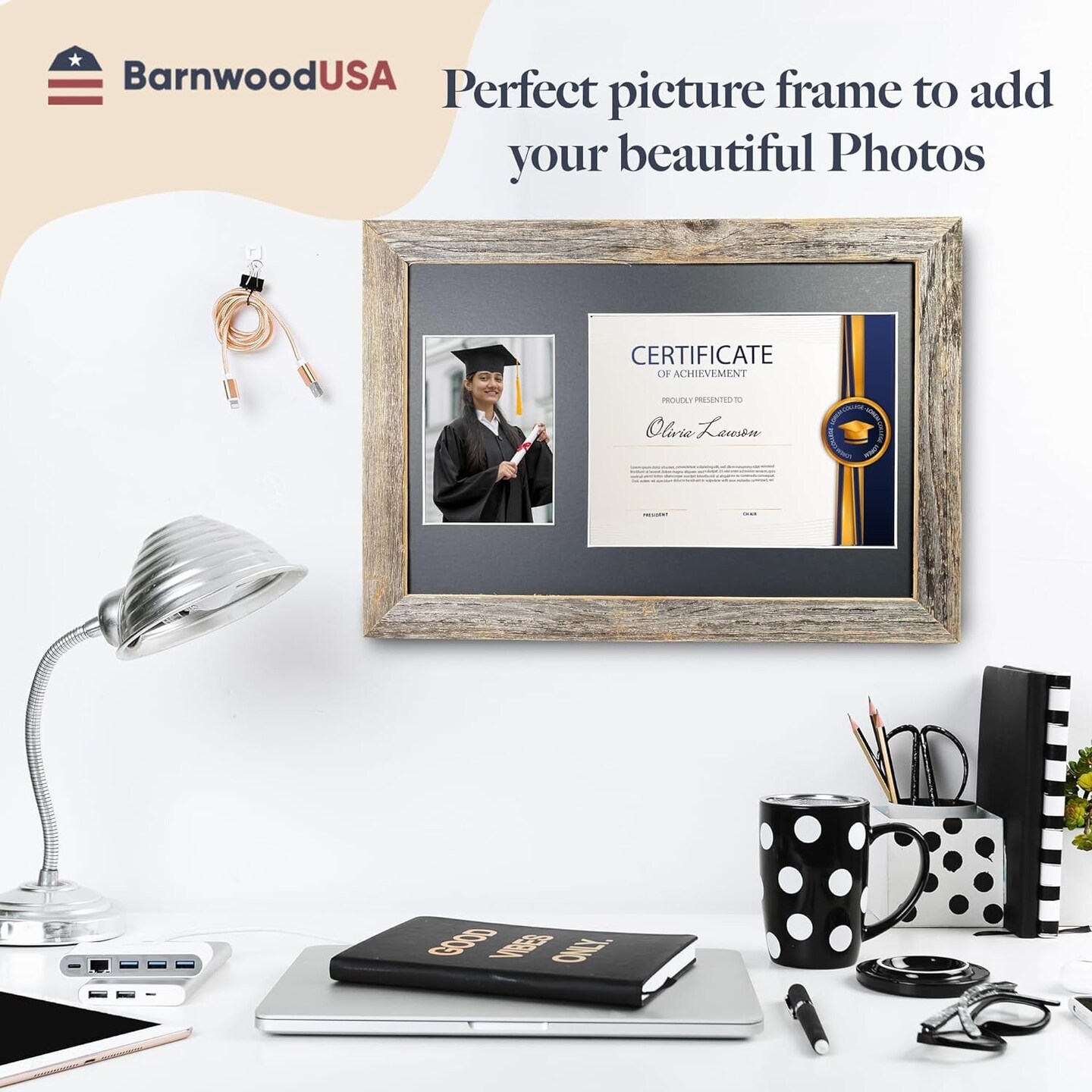 Rustic Farmhouse 12 x 18 Graduation Diploma Frame with Mat, fitted for 5 x 7 Cap &#x26; Grown Photo and 8.5 x 11 Diploma Certificate Display