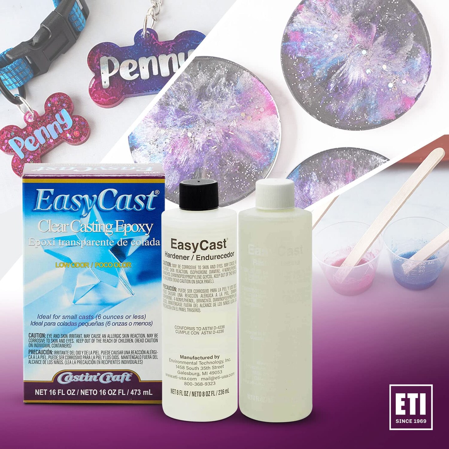 Environmental Technology EasyCast Crystal Clear Casting Epoxy Mix (2-Part Kit) For Coating of Small Arts &#x26; Crafts, Wood, Jewelry Making | Low Odor &#x26; Solvent Free | 8 oz Resin + 8oz Hardener (16 ounce)