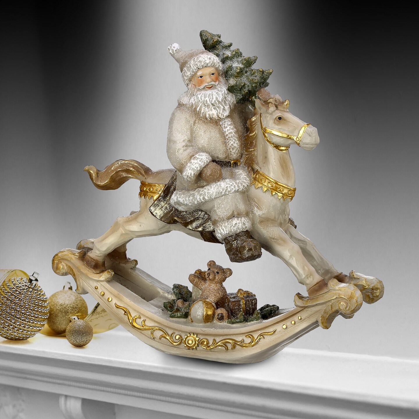 Contemporary Home Living 11.5&#x22; Beige and Gold Santa Rocking Horse Christmas Figurine