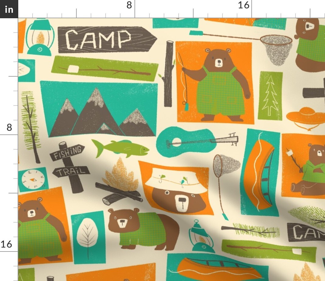 Woodland Camping Cute Bears Whimsical Rustic Lodge Mountain Canoe Camp Fire Custom Printed Fabric by Spoonflower Various Fabrics by the Yard or Fat Quarter