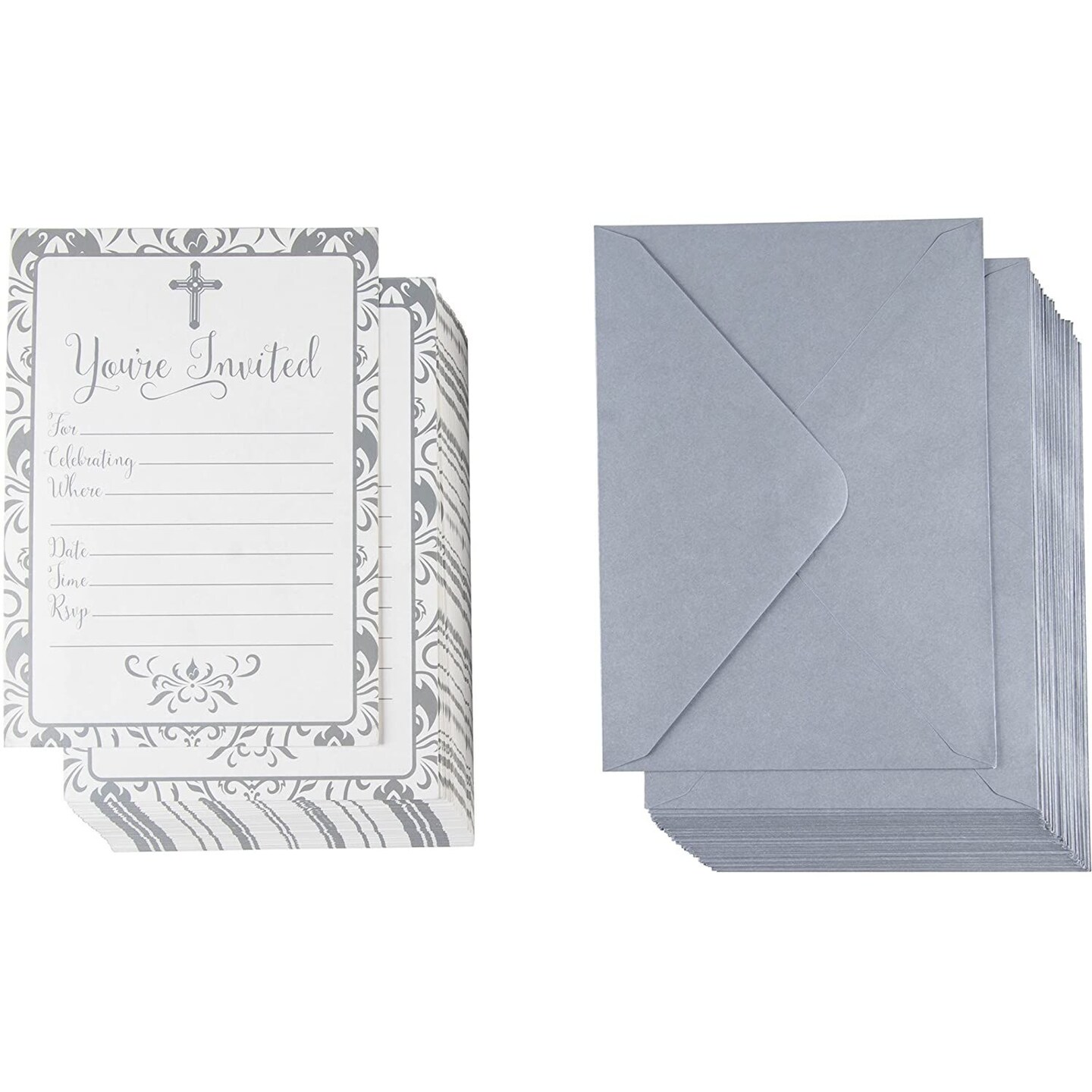 60-Pack Religious Invitations - Christian Invitation Cards, Silver Cross and Floral Pattern, Ideal for Funeral, Baptism, Christening, Church Events, V-Flap Envelopes Included, 5 x 7 Inches