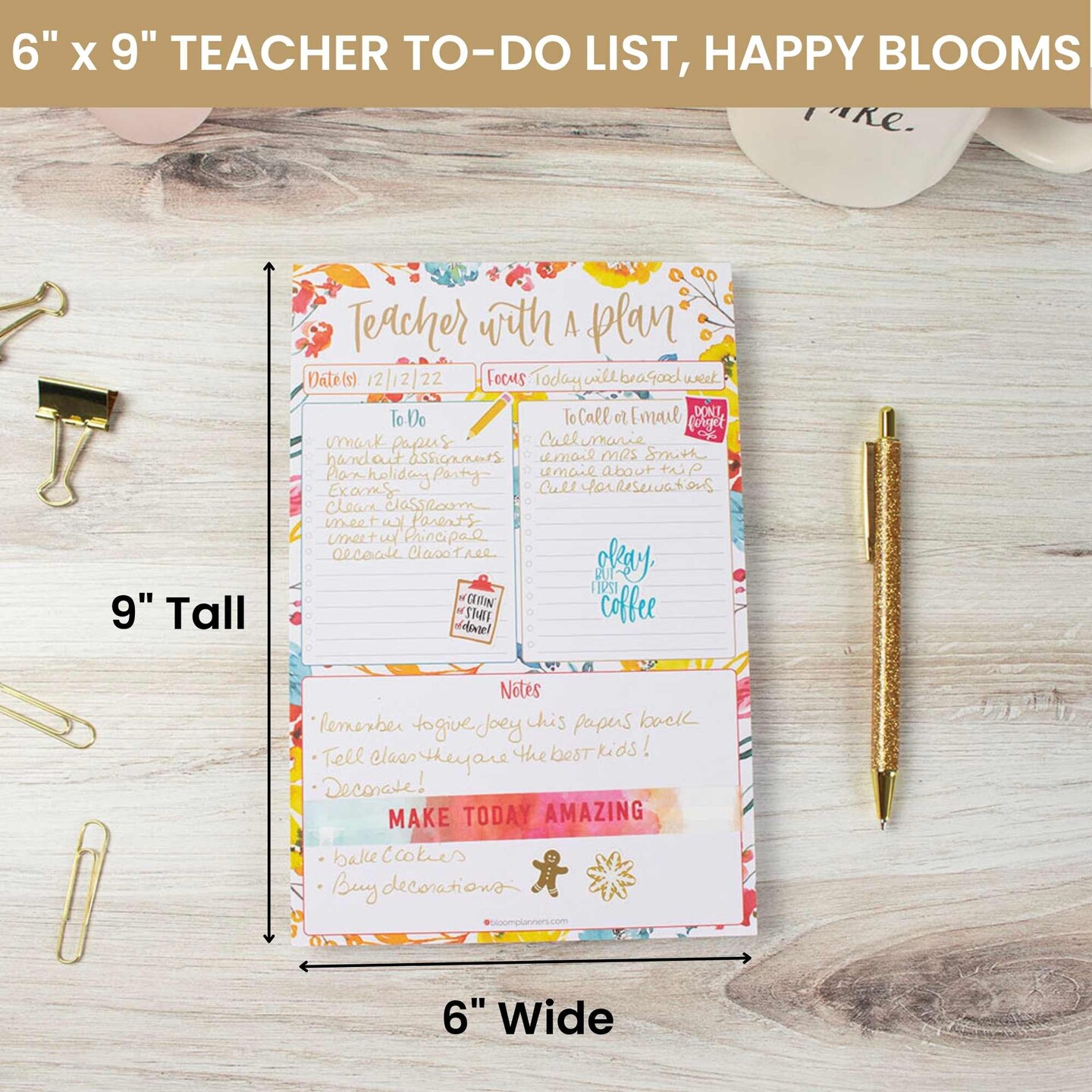 bloom daily planners Planning Pad, 6&#x22; x 9&#x22;, Teacher To-Do List, Happy Blooms