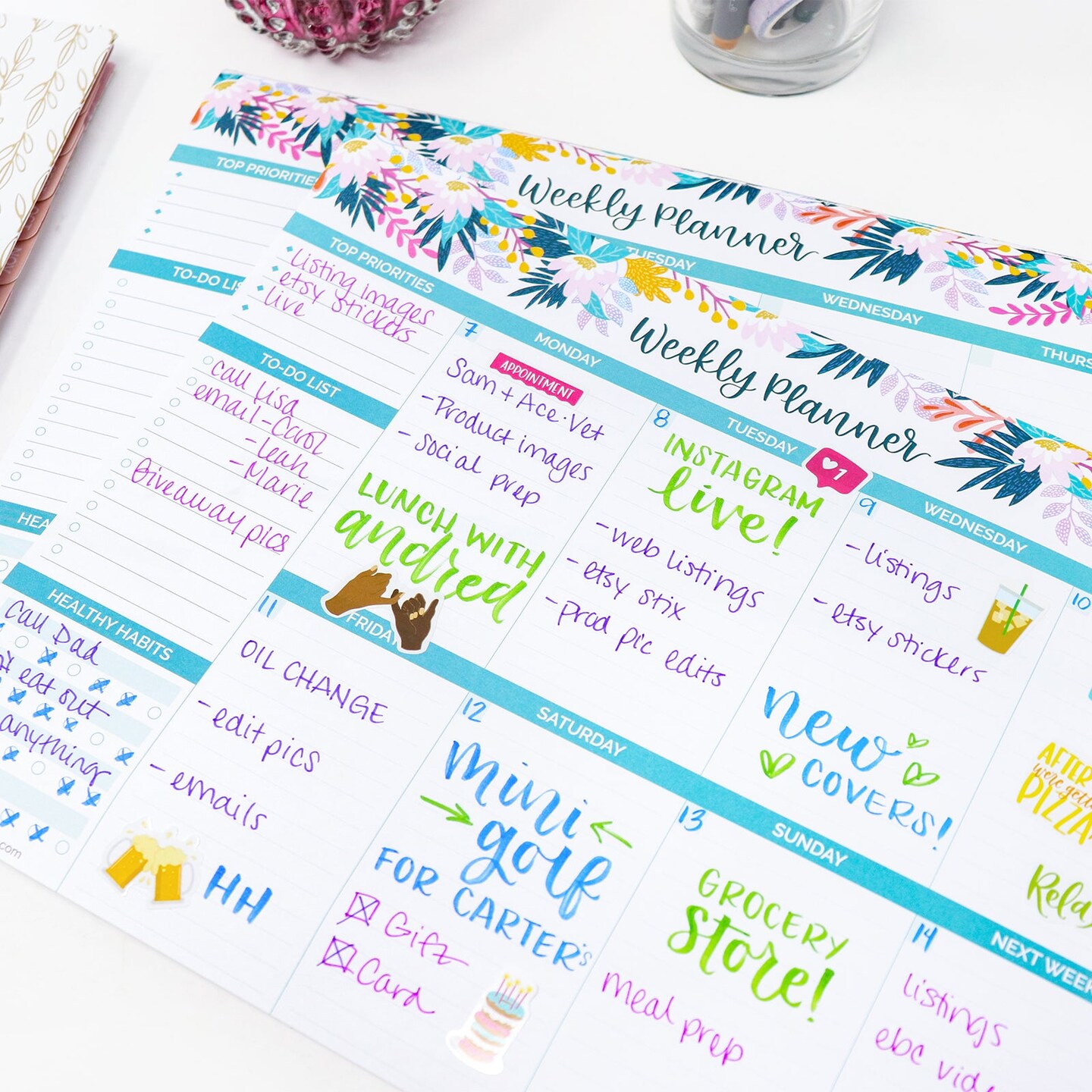 bloom daily planners Planning Pad, 8.5&#x22; x 11&#x22;, Horizontal Weekly Planner, Teal Floral