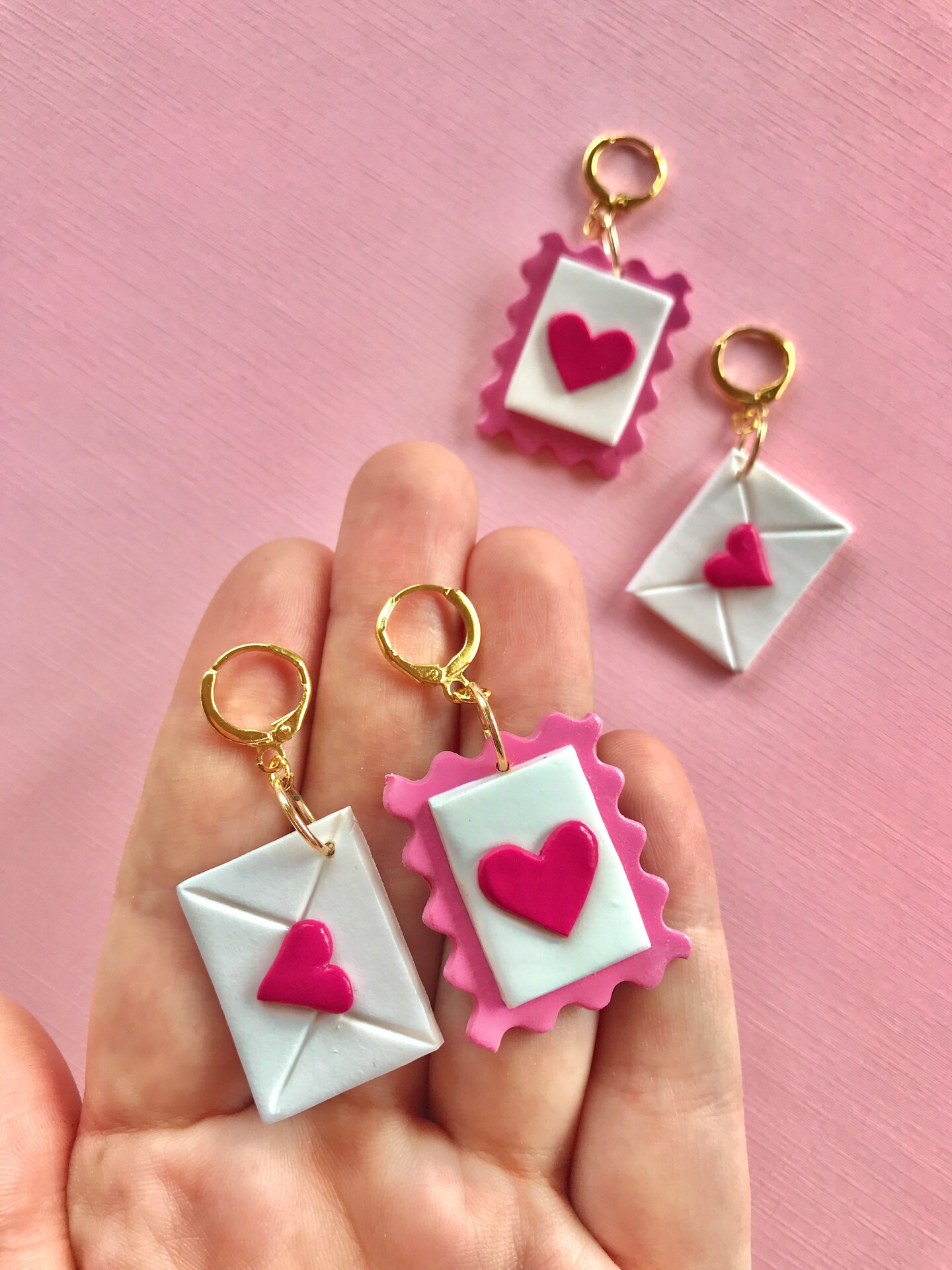 Heart Postage Stamp and Envelope Earrings, Love letter earrings,  valentine's day jewelry, cute love earrings, heart jewelry, clay earrings 
