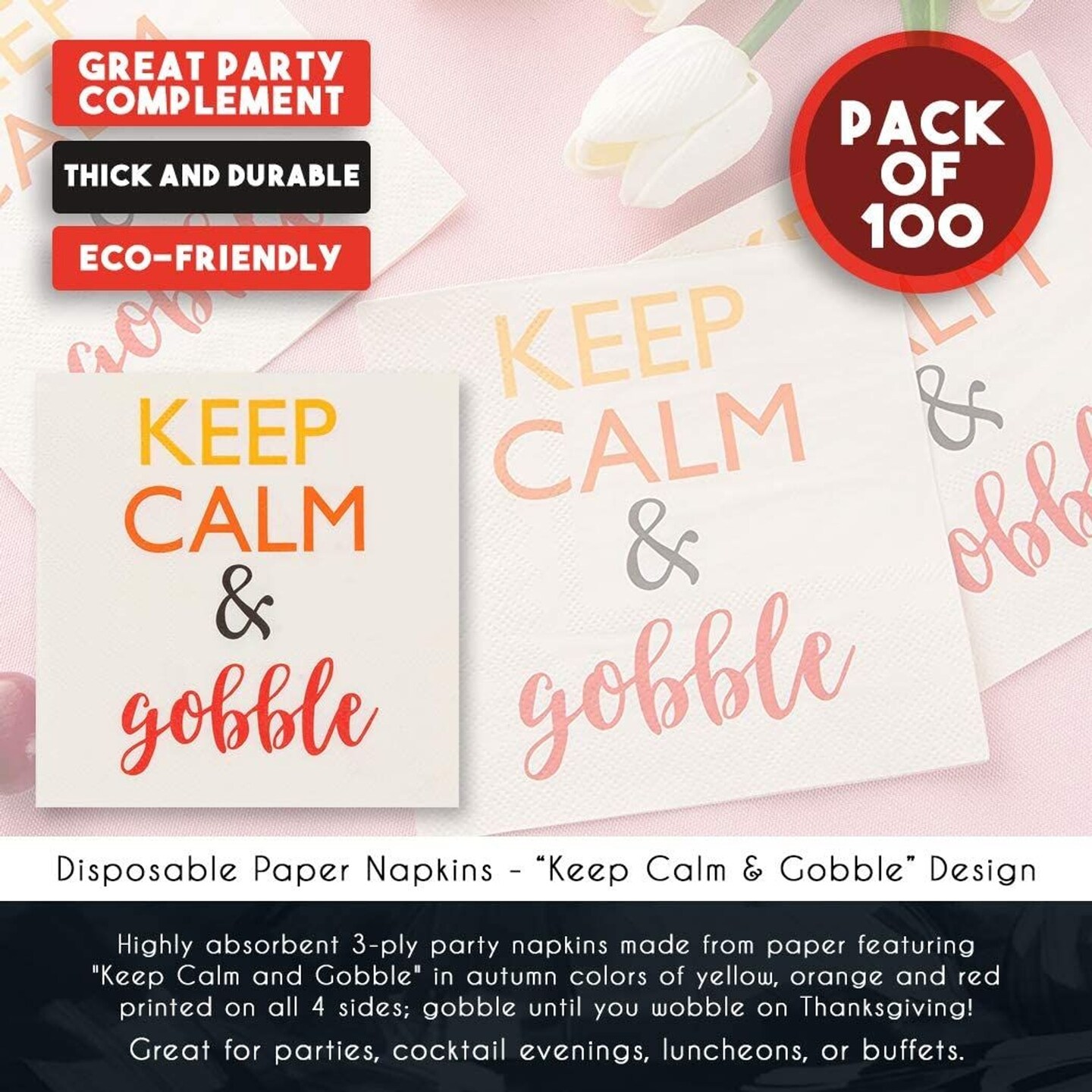 Keep Calm White Paper Napkins for Thanksgiving Party (5 x 5 In, 100 Pack)