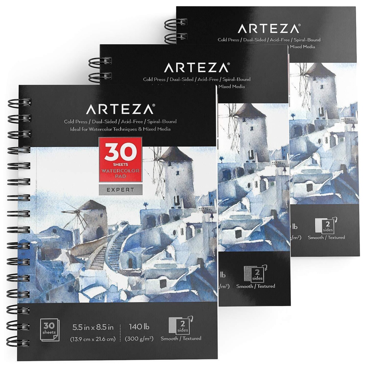 Arteza Watercolor Paper Pad, Spiral-Bound, Heavyweight Paper, 5.5"x8.5", 30 Sheets - 3 Pack