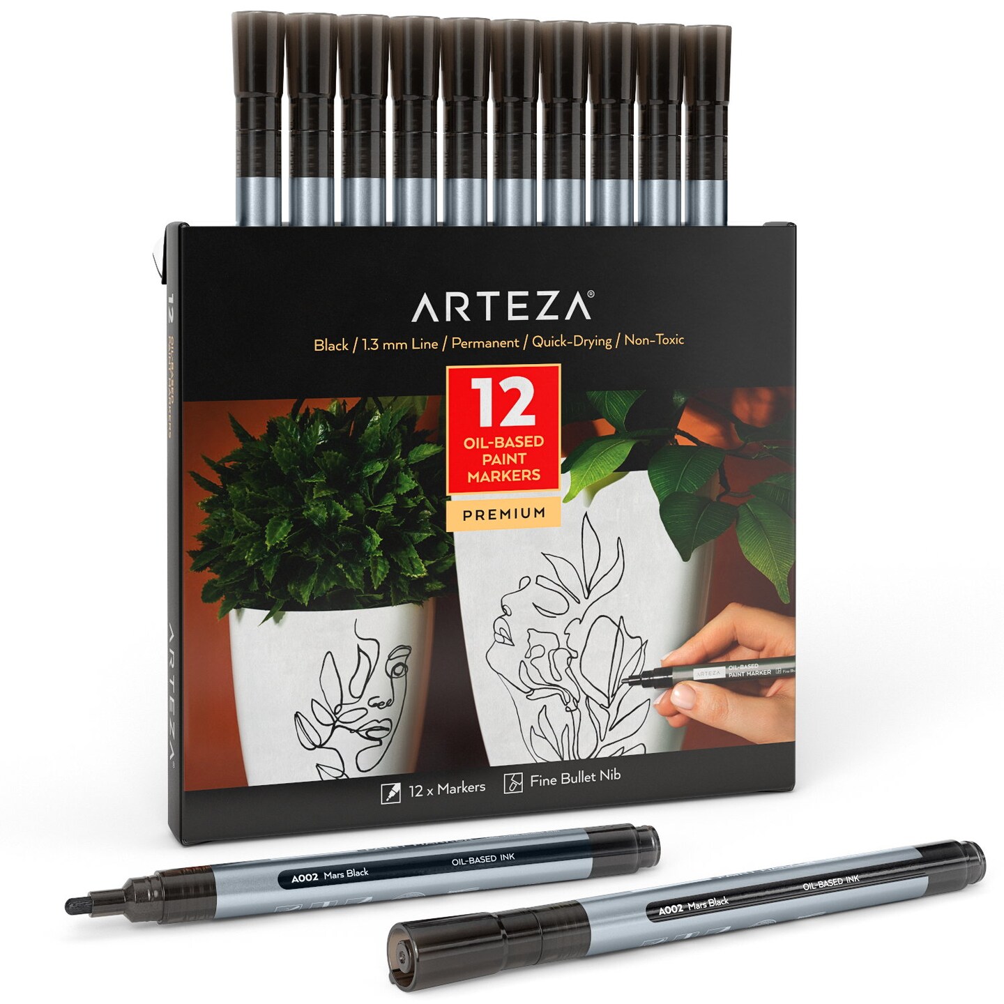 Arteza Acrylic Paint Markers Art Supply Set, Black Fine Nib - 12 Piece
