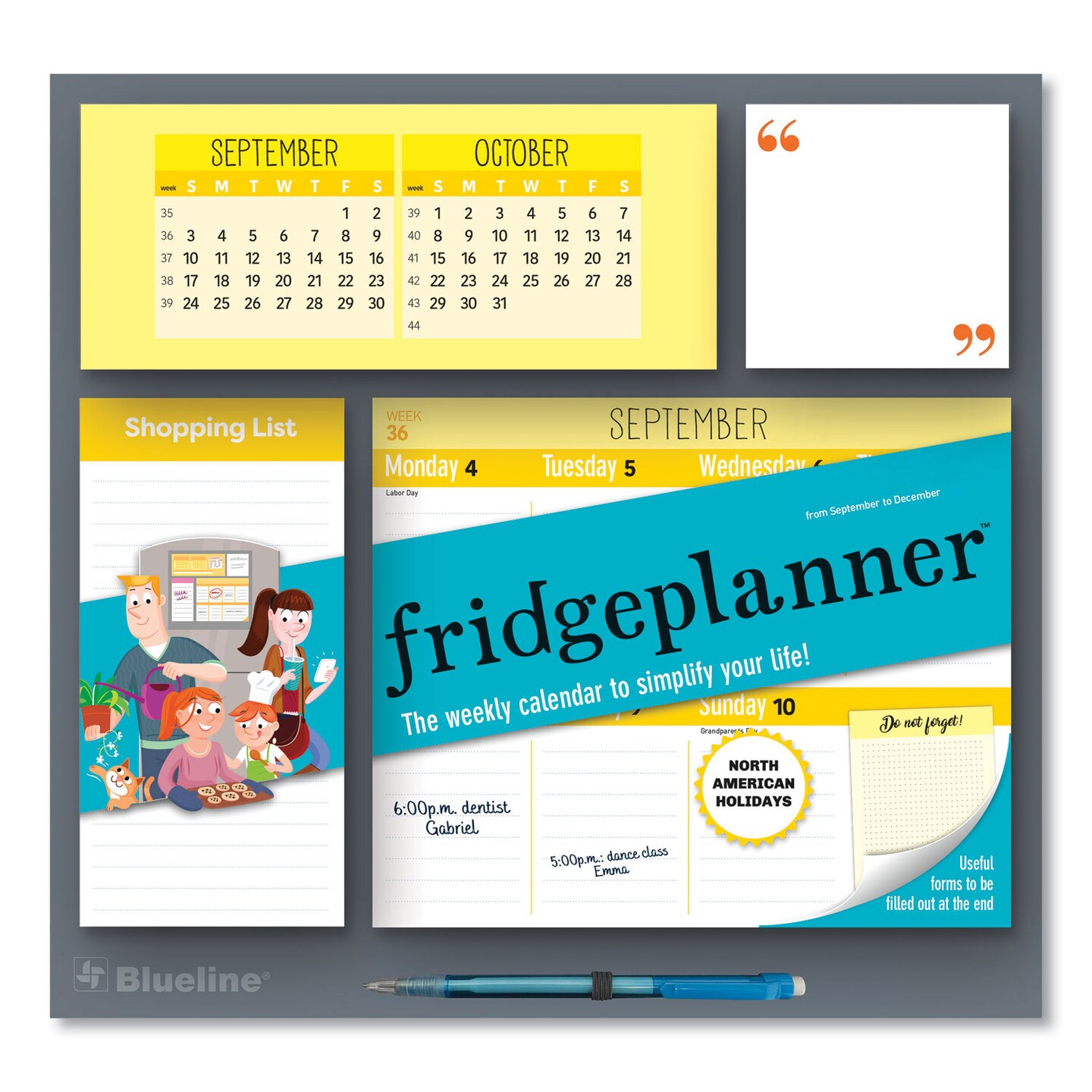 Blueline Fridge Planner Magnetized Weekly Calendar with Pads + Pencil, 12 x 12.5, White/Yellow Sheets, 16-Month (Sept-Dec): 2024-2025