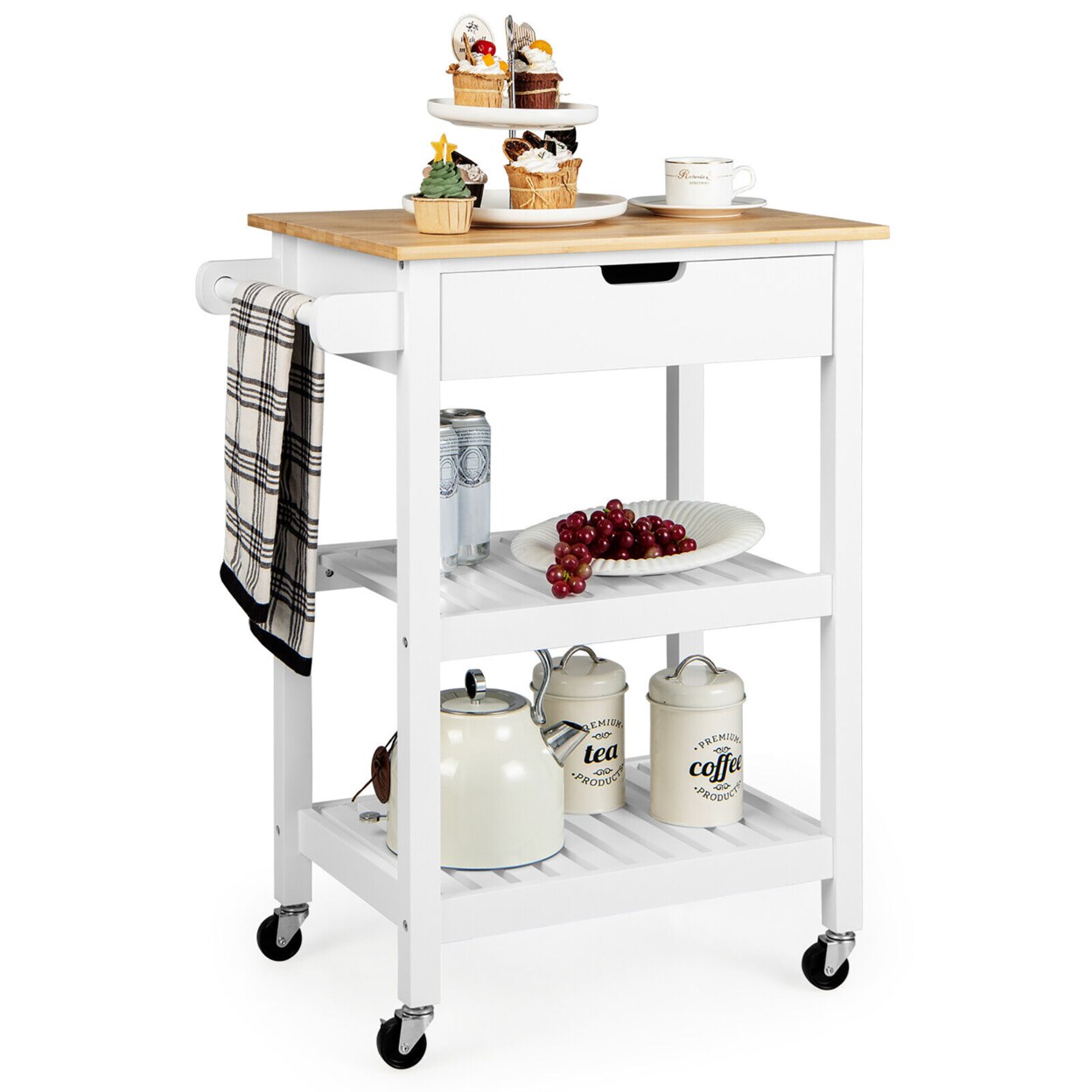 Gymax 3-Tier Kitchen Island Cart Rolling Service Trolley w/ Bamboo Top Shelves
