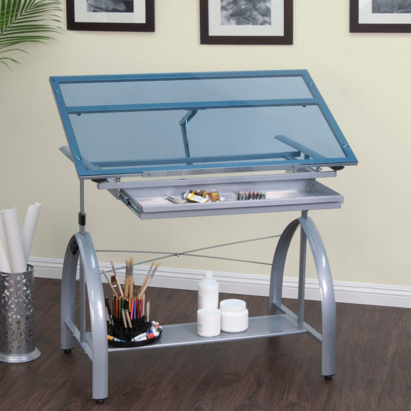 Offex Avanta Height Adjustable Blue Tempered Glass Top Drafting Table - Silver