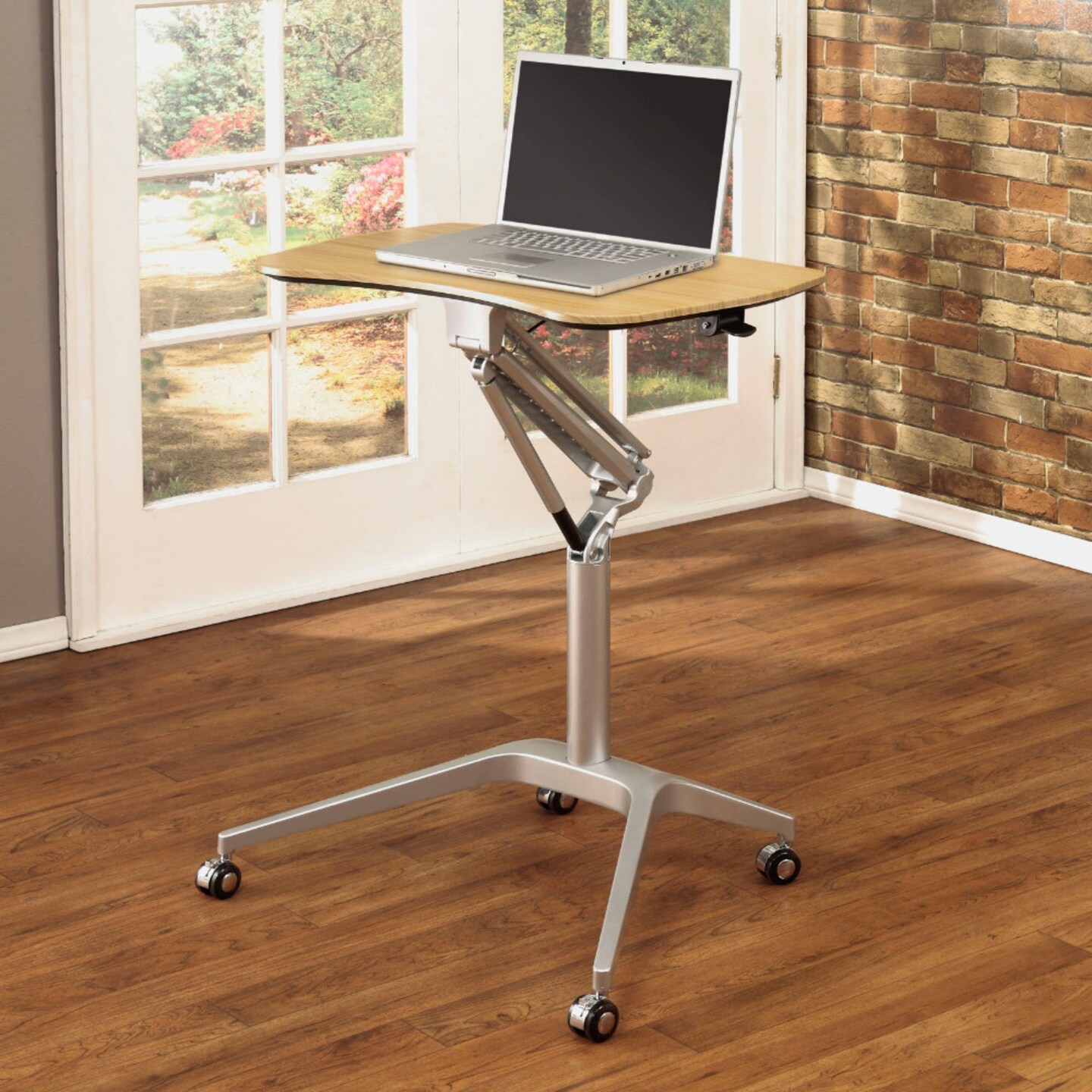Ridge Mobile Desk, Sit to Stand Up Pneumatic Cart - Silver/Maple
