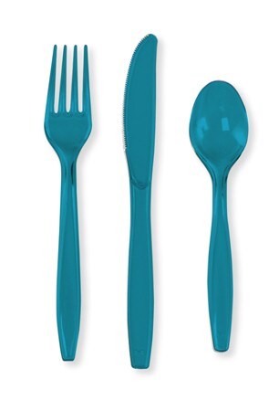 Party Central Club Pack of 288 Turquoise Premium Heavy-Duty Plastic Party Knives, Forks and Spoons 7.5&#x22;